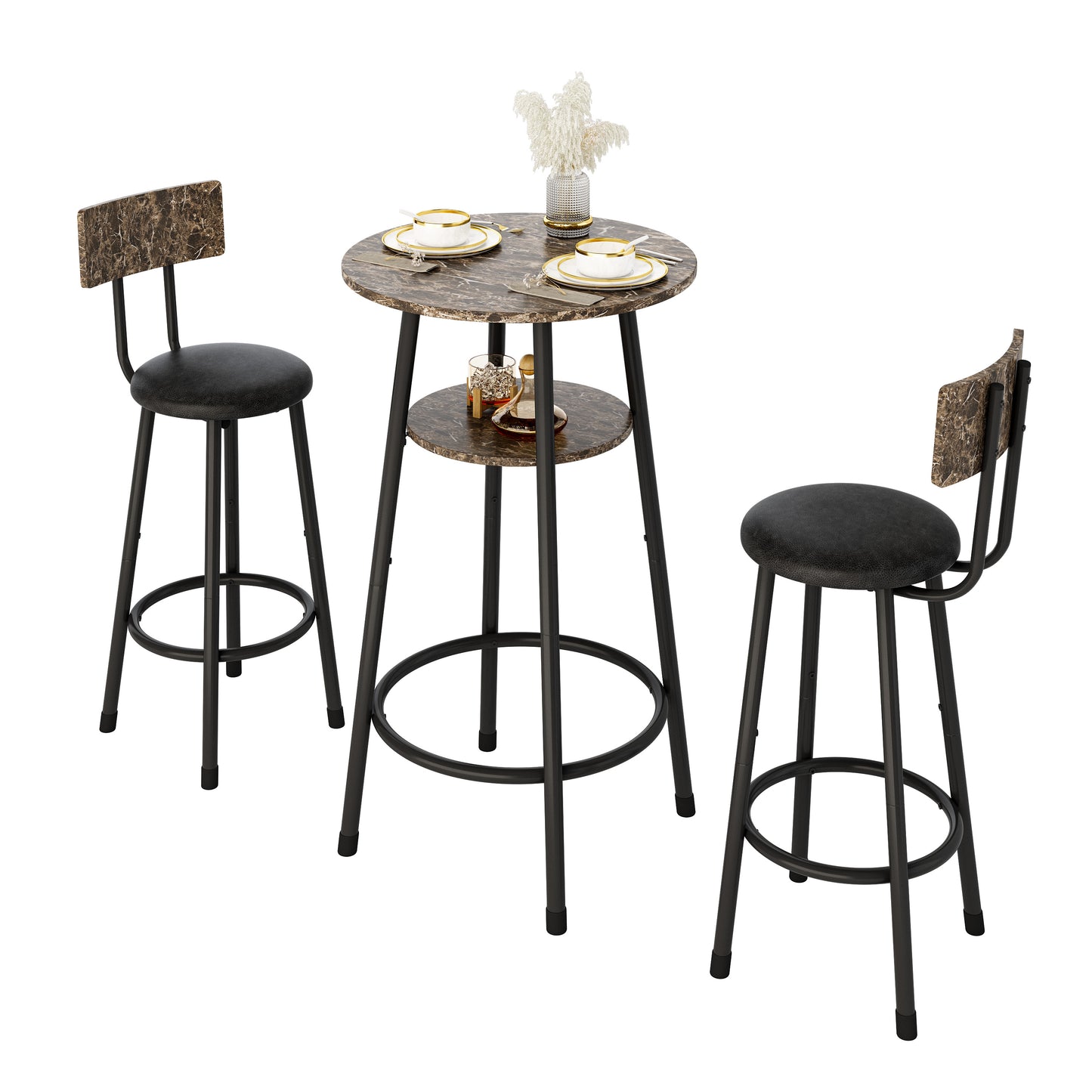3 Piece Bar Table Set, Small Pub Table Set for 2, Industrial Rectangle Counter Height Dining Set with Back Support Chairs, Metal Breakfast Nook Table Set with Shelf for Small Space