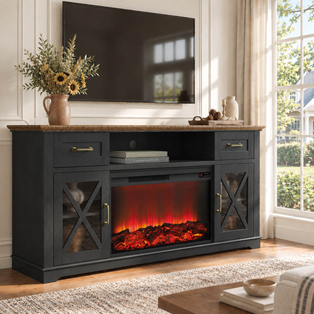 LEGAHOME White 63" Fireplace TV Stand for 70" TVs, Farmhouse Electric Entertainment Center with 30" Fireplace, 2 Drawers, 2-Glass Door, for Living Room, Bedroom, Brown Tabletop&White Caninet