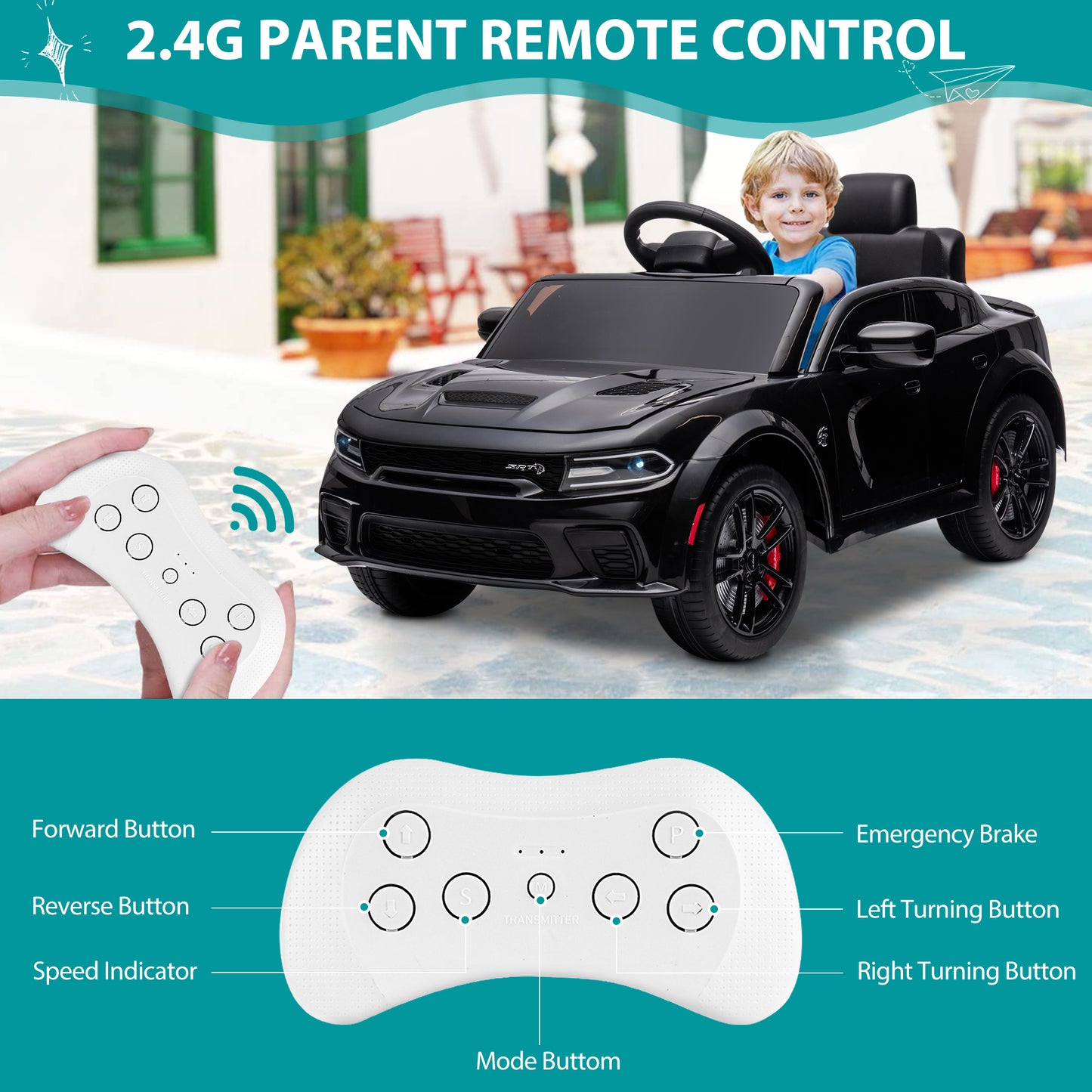 Kids Electric Cars With Remote Control, Licensed Dodge Charger 12V Ride on Cars for Boys Girls, Battery Powered Ride on Toys with Bluetooth, USB, MP3, 4 Wheel Suspension, Black