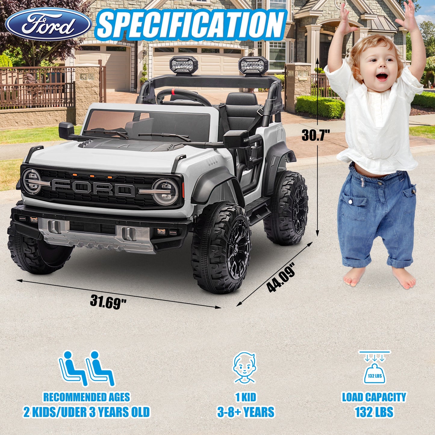 24V 2 Seater Ride on Toy Car, Licensed Ford Bronco Raptor Ride on Trucks with Remote Control, Bluetooth Music Player, Spring Suspension, Battery Powered Electric Car for Kids Boys Girl Ages 3-8, White