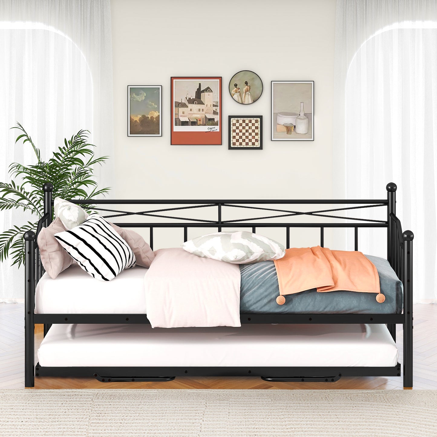 PAPROOS Twin Metal Daybed with Pop Up Trundle Bed