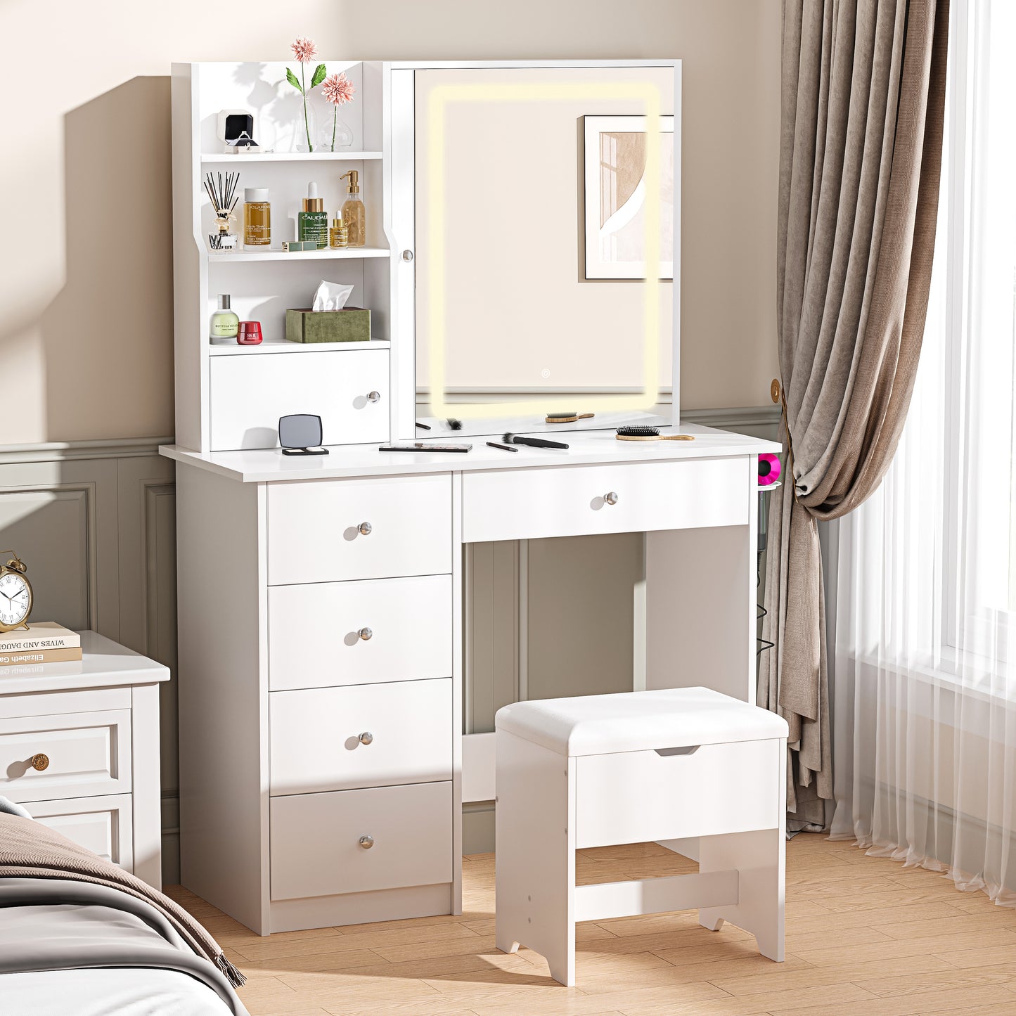 Vanity Set with Sliding Mirror and Lights, Modern Lighted Makeup Vanity Table Set, Vanity Desk with Chair Set for Girls, Dressing Table with Drawers for Bedroom