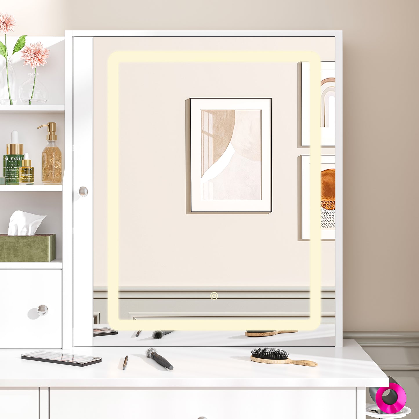 Vanity Set with Sliding Mirror and Lights, Modern Lighted Makeup Vanity Table Set, Vanity Desk with Chair Set for Girls, Dressing Table with Drawers for Bedroom