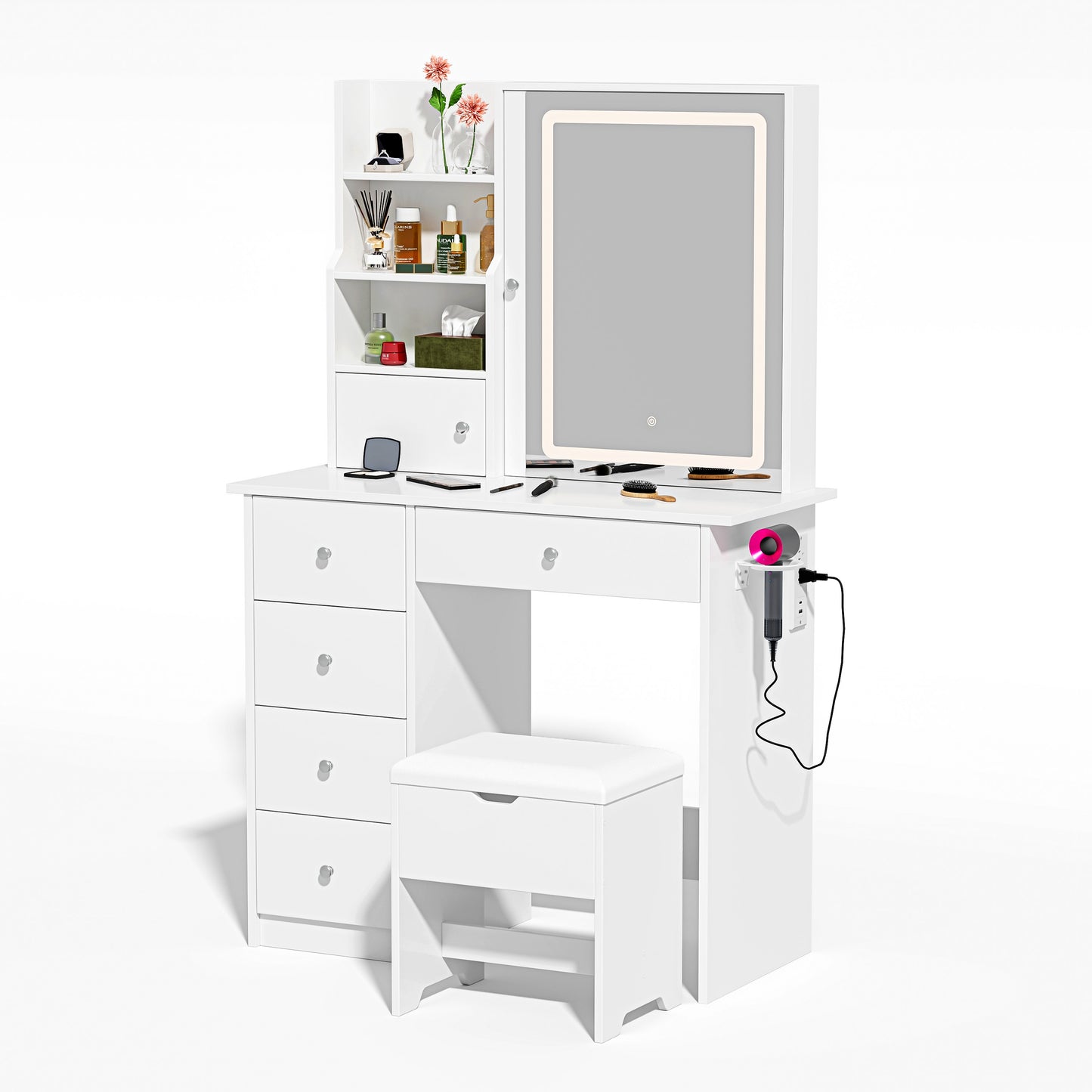 Vanity Set with Sliding Mirror and Lights, Modern Lighted Makeup Vanity Table Set, Vanity Desk with Chair Set for Girls, Dressing Table with Drawers for Bedroom