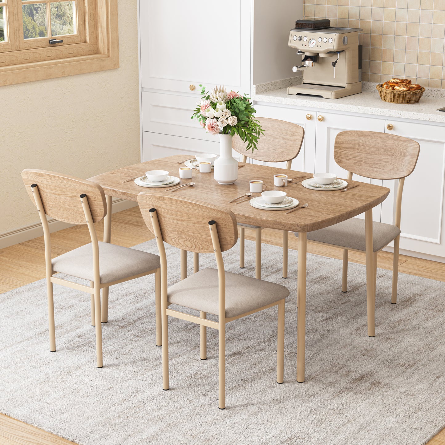 5 Piece Dining Table Set, Modern Dining Set for 4, Dining Room Set with 4 Chairs, Rectangle Kitchen Table Set with Wood Tabletop and PU Leather Chairs, for Dining Room, Kitchen and Apartment, Brown