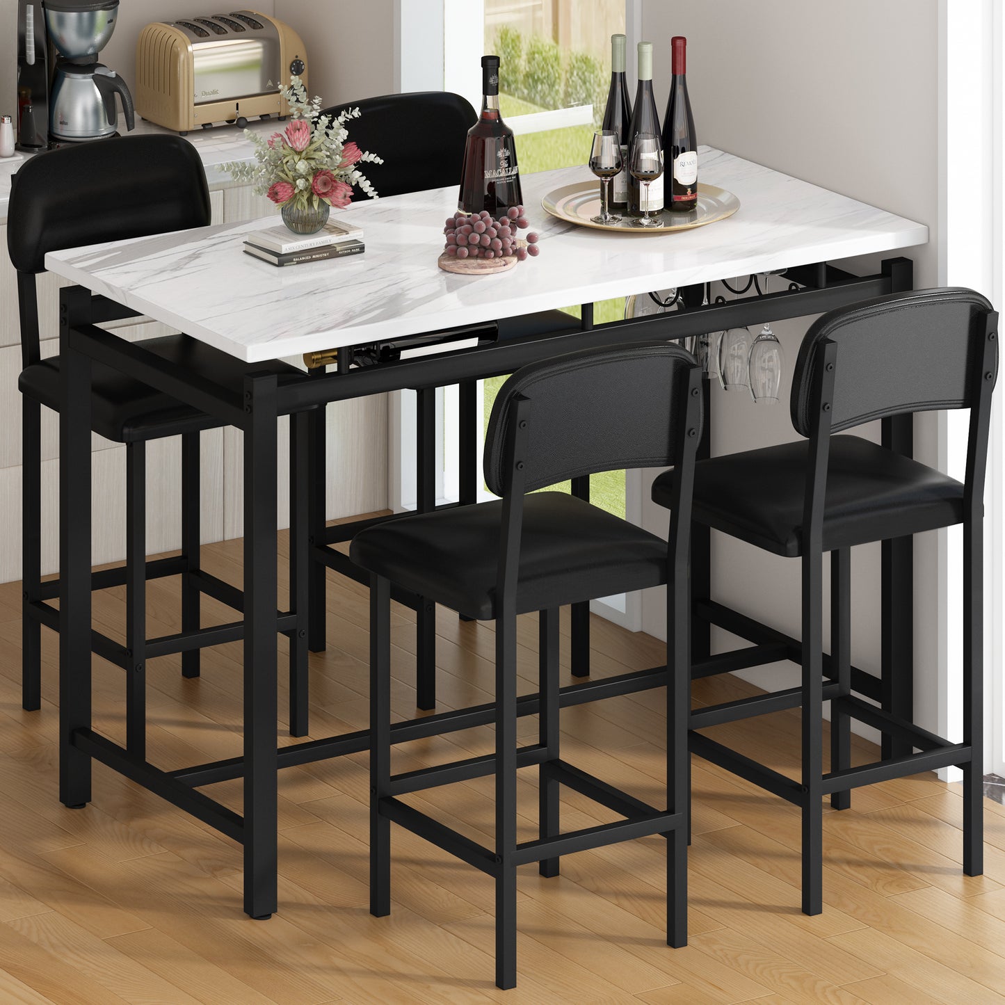 Dining Table Set for 4, Counter Height Kitchen Table Set with Chairs for 4, 5 Piece Bar Table and Stools Set, Modern Dining Room Set with Wine Rack, Faux Marble Table and PU Leather Chair, Gray