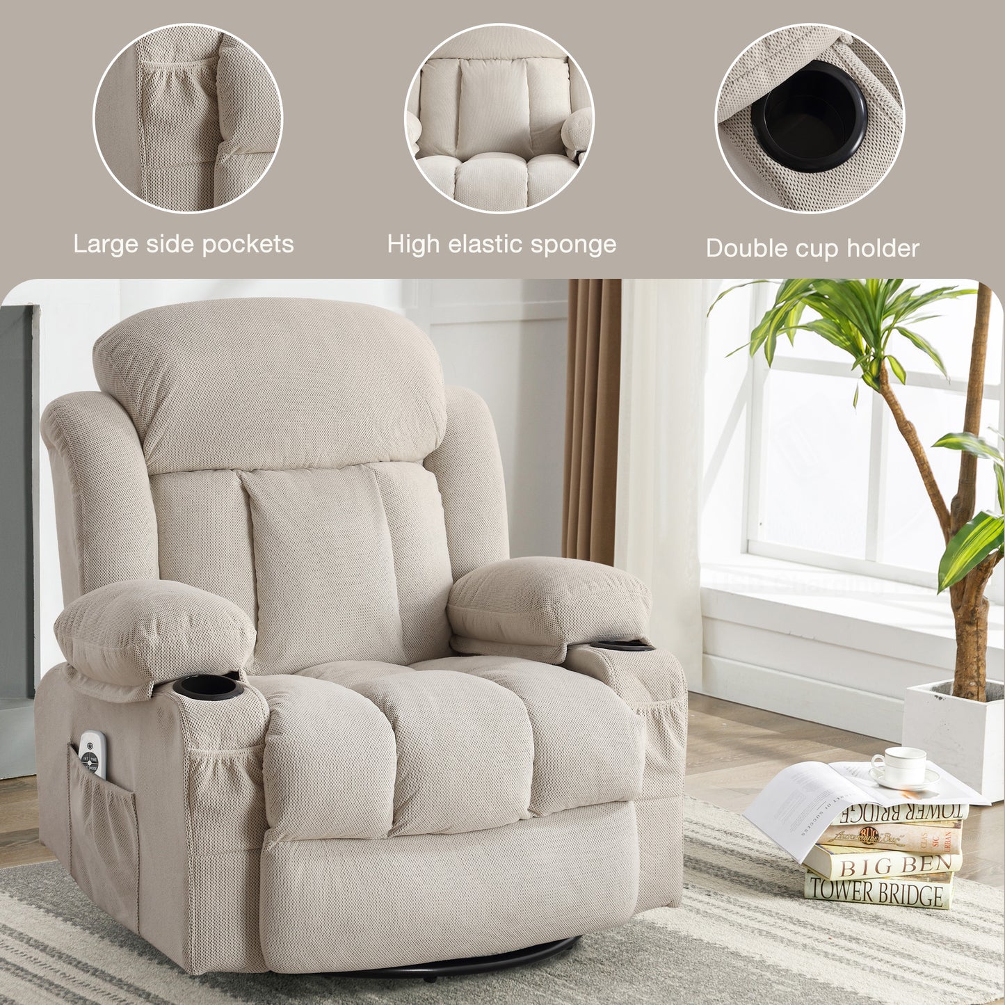 24.4in Rocker Recliner with Massage and Heat, Manual Swivel Rocker Recliner Chair for Living Room, Velvet Glider Rocking Recliner for Adults, Home Theater Message Recliner with Footrest