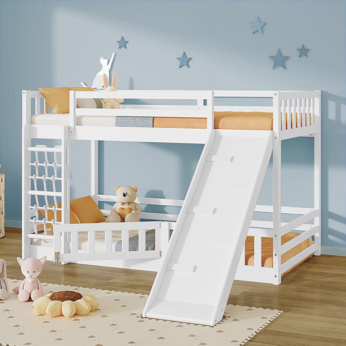 Wood Twin Over Twin Bunk Bed with Slide, BTMWAY Low Twin Size Bunk Beds for Kids, Floor BunkBed Loft Bed Frame with Ladder and Guardrails, Load Capacity - 400lbs, No Box Spring Needed, White