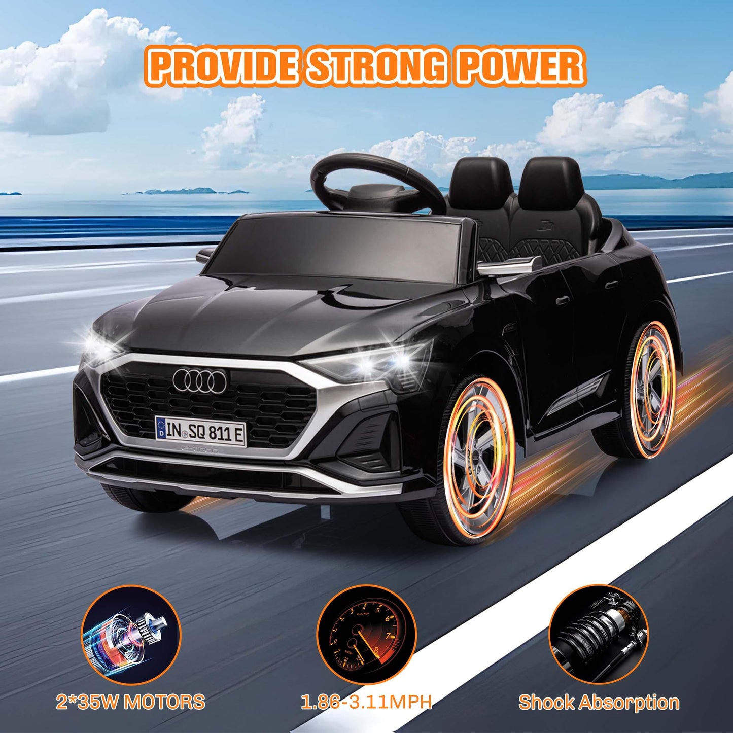 12V Powered Ride on Cars, Licensed Audi SQ8 Toddlers Ride on Toys with Remote Control, Music, LED Light, 3 Speed, 4 Wheel Suspension, Electric Cars for Kids 3-6 Ages Kids Christmas Gift, Black