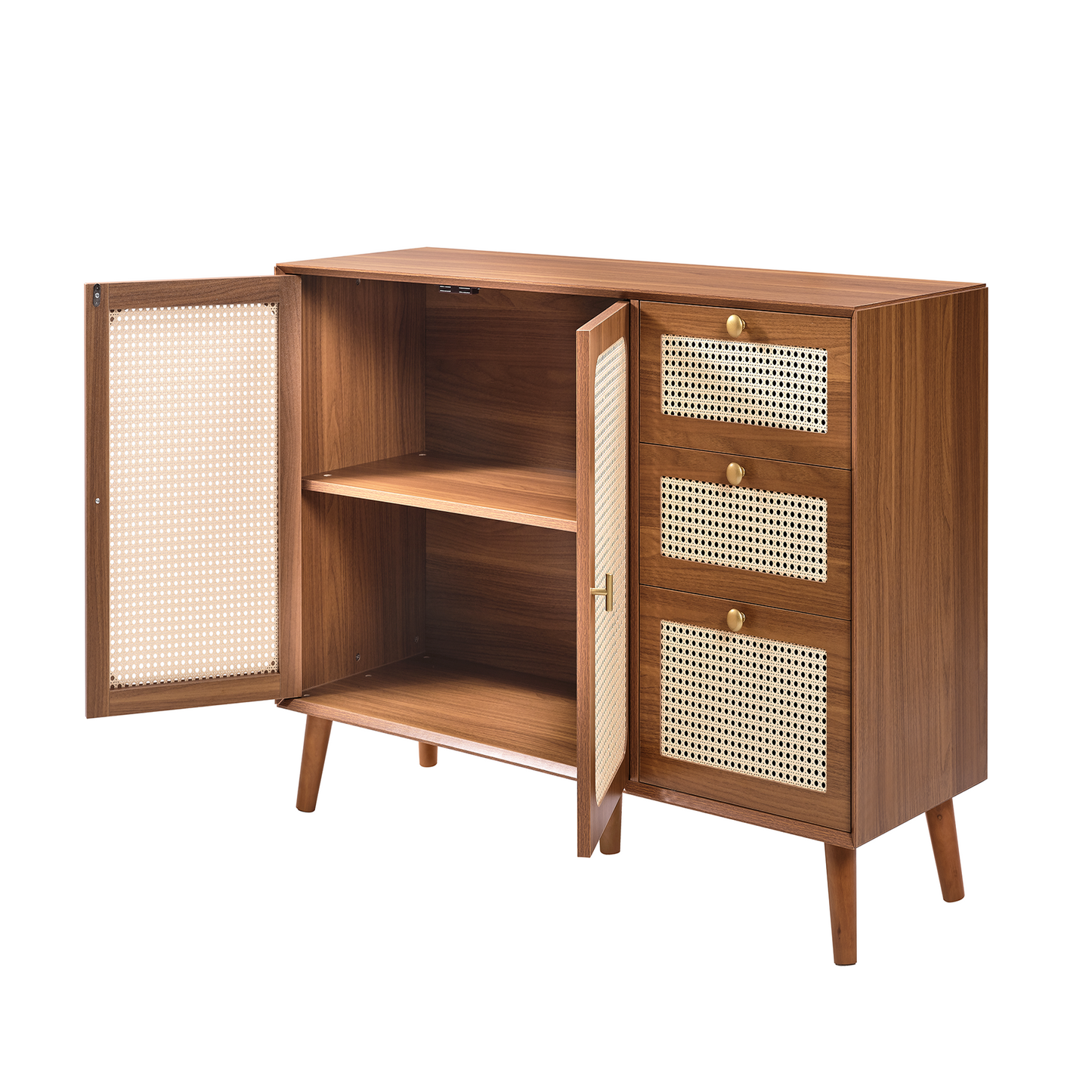 PORKISS Wooden Dressers for Bedroom, Farmhouse Dresser Organizer with 2 Doors and 3 Drawers, Rattan Chests of Drawers, Living Room and Entryway Furniture, Walnut