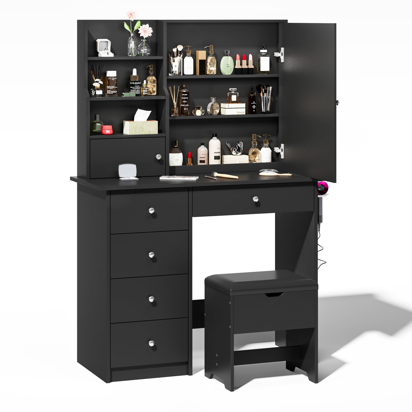 Vanity Set with Sliding Mirror and Lights, Modern Lighted Makeup Vanity Table Set, Vanity Desk with Chair Set for Girls, Dressing Table with Drawers for Bedroom