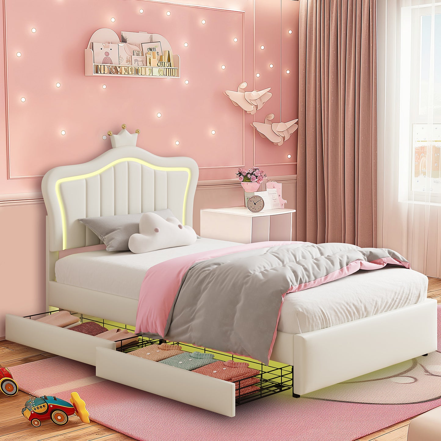 Full Size Led Bed with Drawers, Upholstered Full Bed Frame with Adjustable Headboard, Cute White Princess Bed with Crown Design for Girls, LED Full Frame with Storage