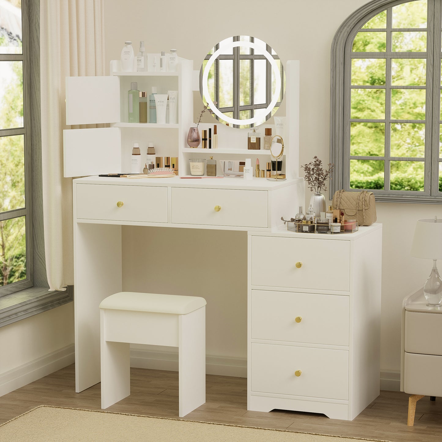 PORKISS Vanity Set with Cushioned Stool, Mirror and Lights, 3 Lighting Brightness Adjustable, Makeup Vanity with 5 Drawers and Side Storage Shelves, White Vanity for Bedroom