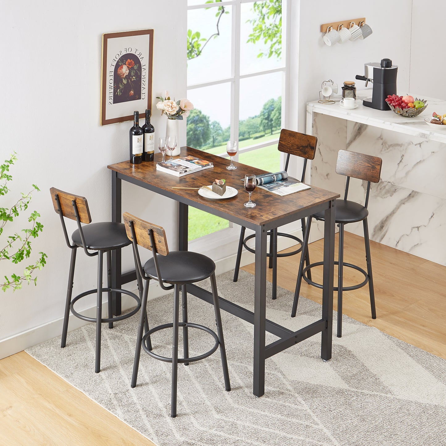 Counter Height Table Set of 4, BTMWAY Bar Table Set for 4, Kitchen Dining Set with 4 Backrest Chairs, Rectangle Dinette Pub Table Set, Bar Table and Chairs Set for Kitchen Breakfast Nook, Gray