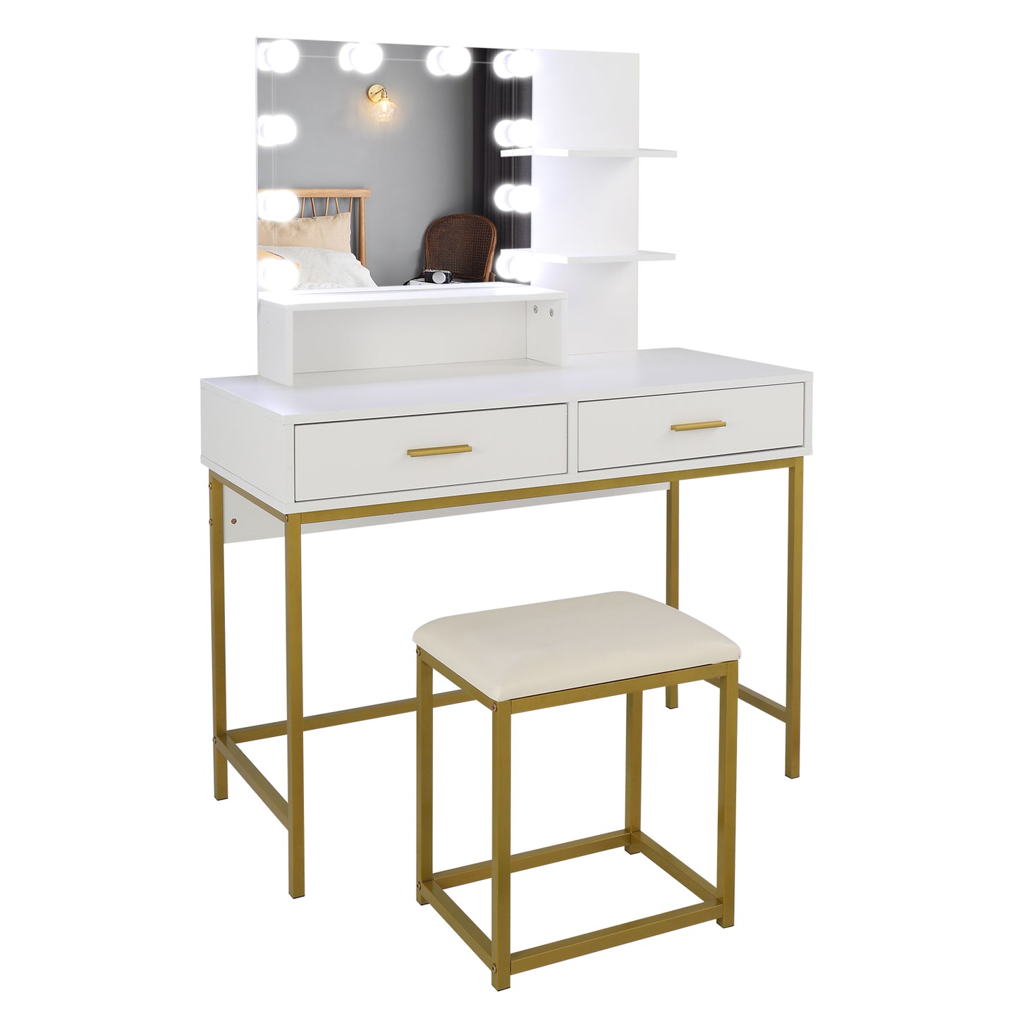Vanity Set with Mirror and Lights, White Vanity Desk with 2 Drawers and 3 Storage Shelves, Lighted Makeup Vanity Table Set, Dressing Table for Girls&Women, Modern Christmas Gift, Black