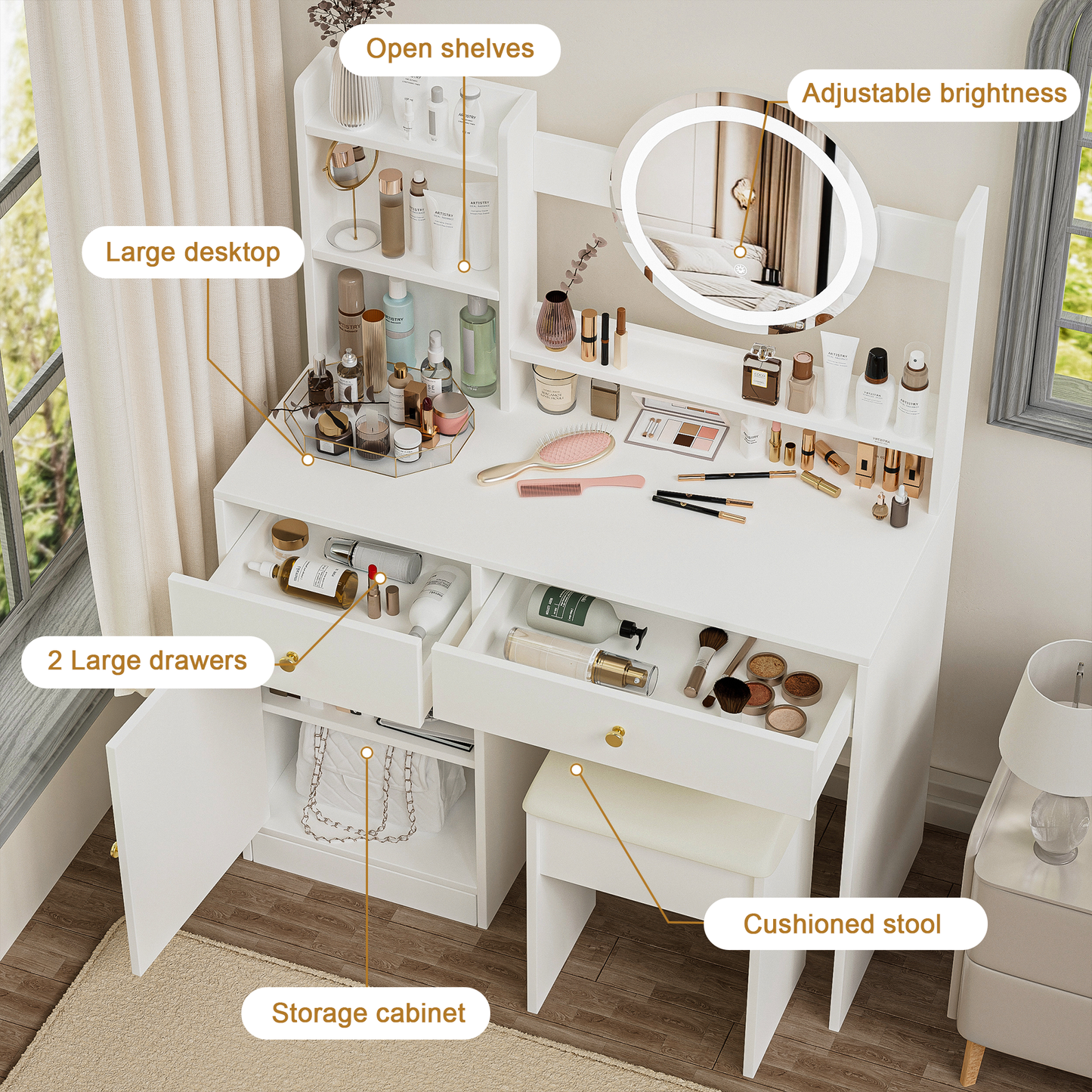 Vanity Set with Sliding Mirror and Lights, Modern Lighted Makeup Vanity Table Set, Vanity Desk with Chair Set for Girls, Dressing Table with Drawers for Bedroom