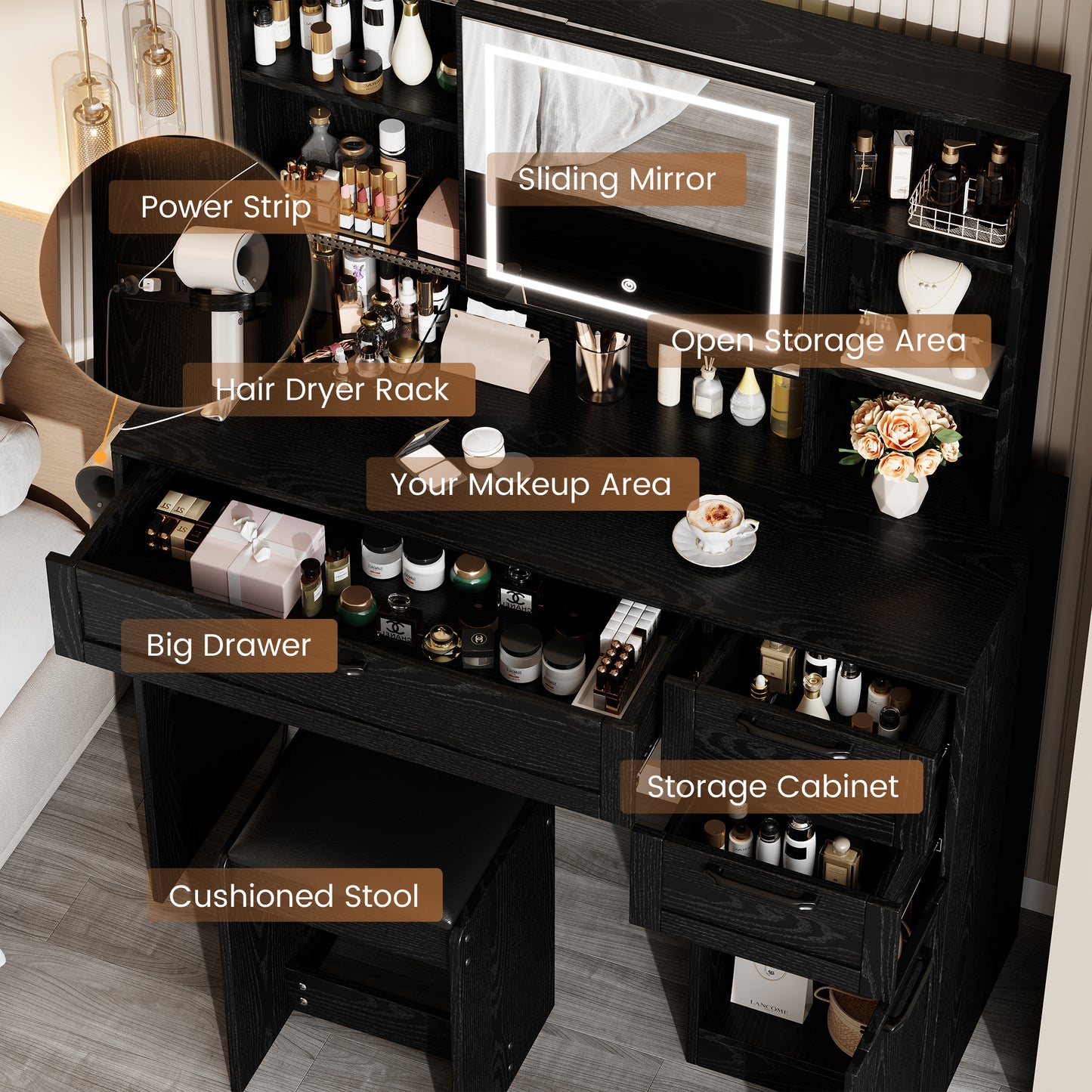 Vanity Set with Sliding Mirror and Lights, Modern Lighted Makeup Vanity Table Set, Vanity Desk with Chair Set for Girls, Dressing Table with Drawers for Bedroom