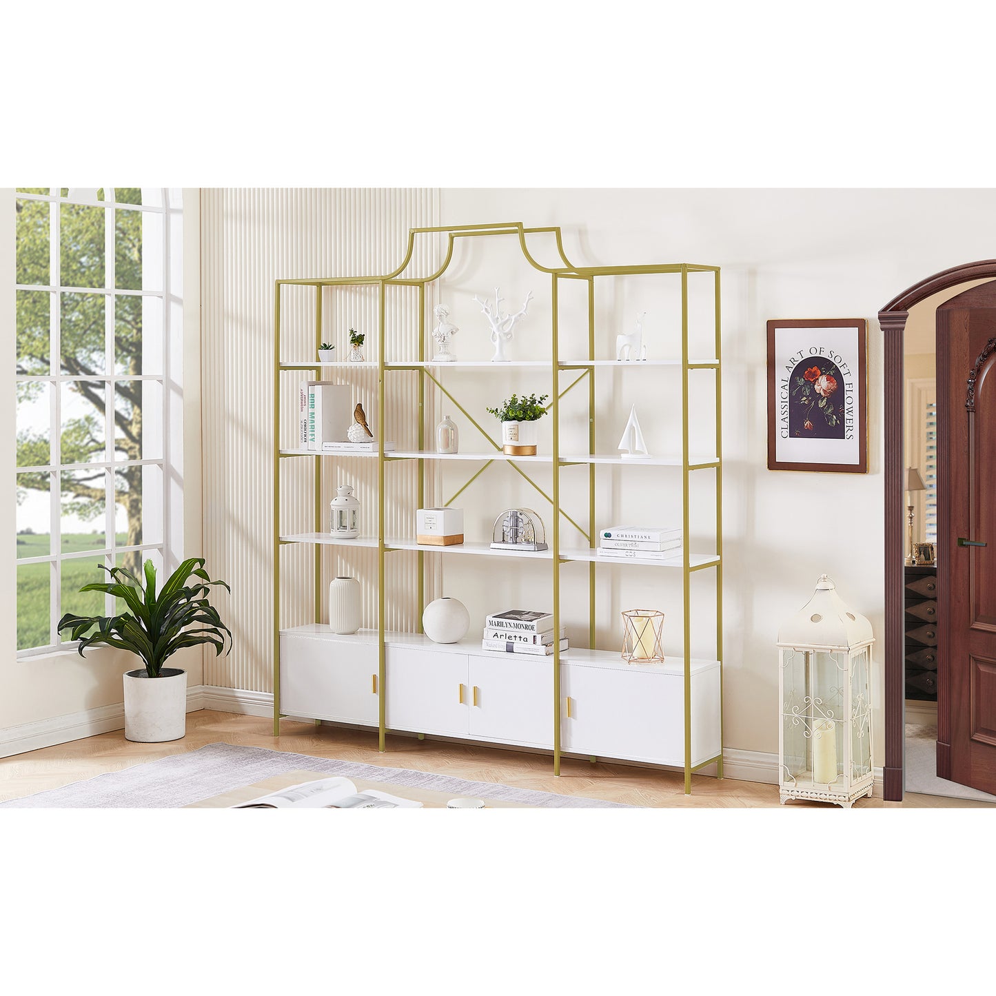 5 Tier Bookshelf with Doors, Industrial Gold Bookshelf and Bookcase with 3 Cabinets, Tall Bookshelf Organizer, Bookcase Shelf for Living Room