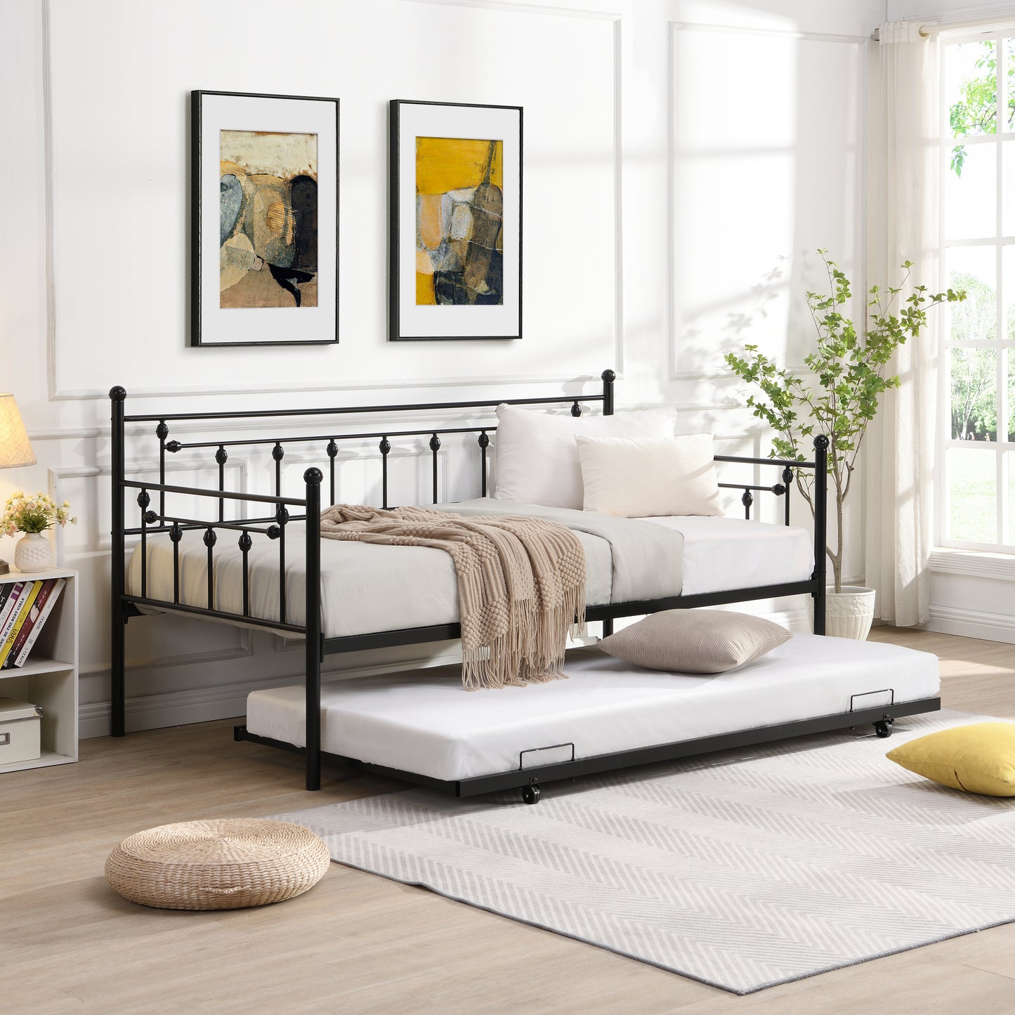 PAPROOS Twin Metal Daybed with Pop Up Trundle Bed