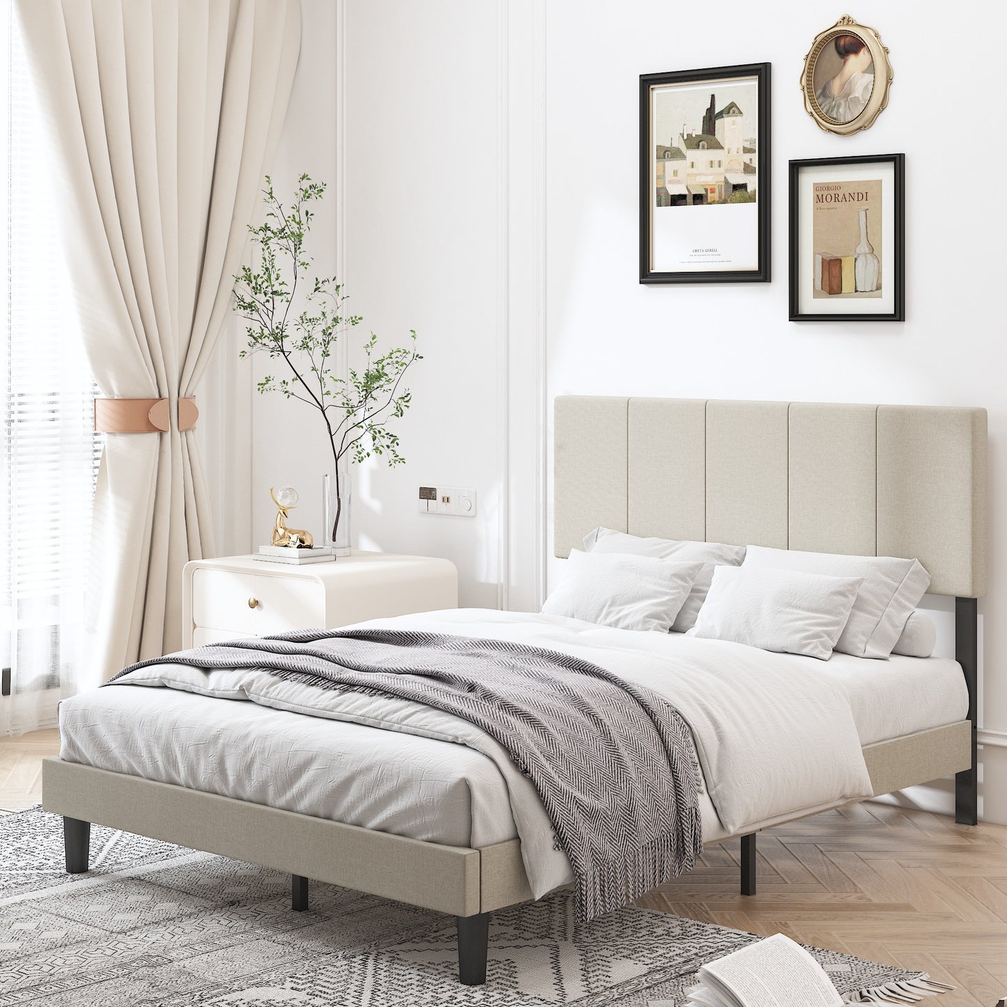LegaHome Upholstered Full Bed, Beige Fabric Upholstered Platform Bed Frame with Vertical Striped Headboard, No Box Spring Needed, Modern Full Size Bed Frame for Kids Teens Adult, 500lbs Capacity