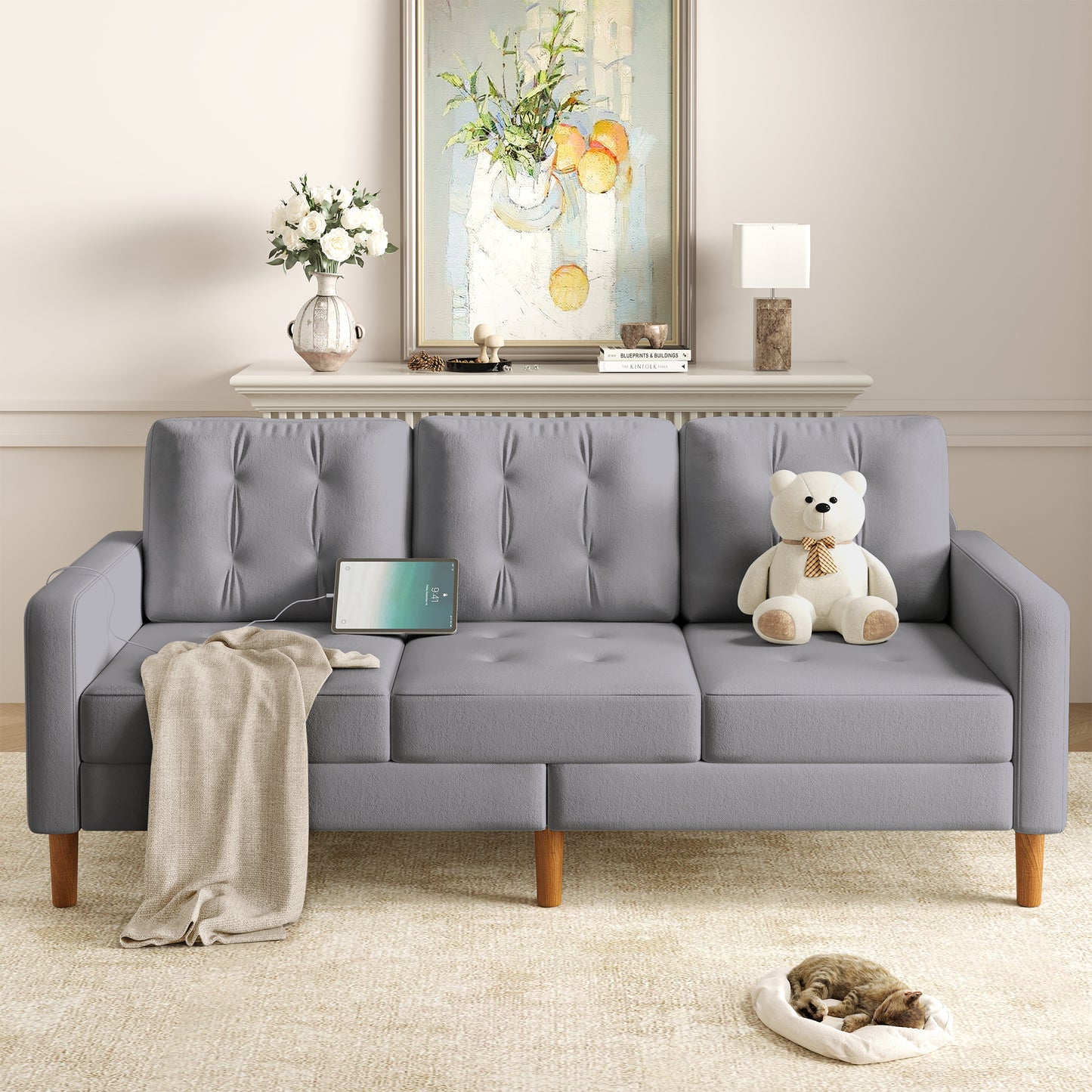 3-Seater Arm Sofa with USB Port, Comfy Sofa Couch for Living Room, Upholstered Loveseat Sofa, 23.2 in Extra Deep Seat Couch, for Compact Small Space, Apartment, Size: 78x31.5x27.6 in, Beige