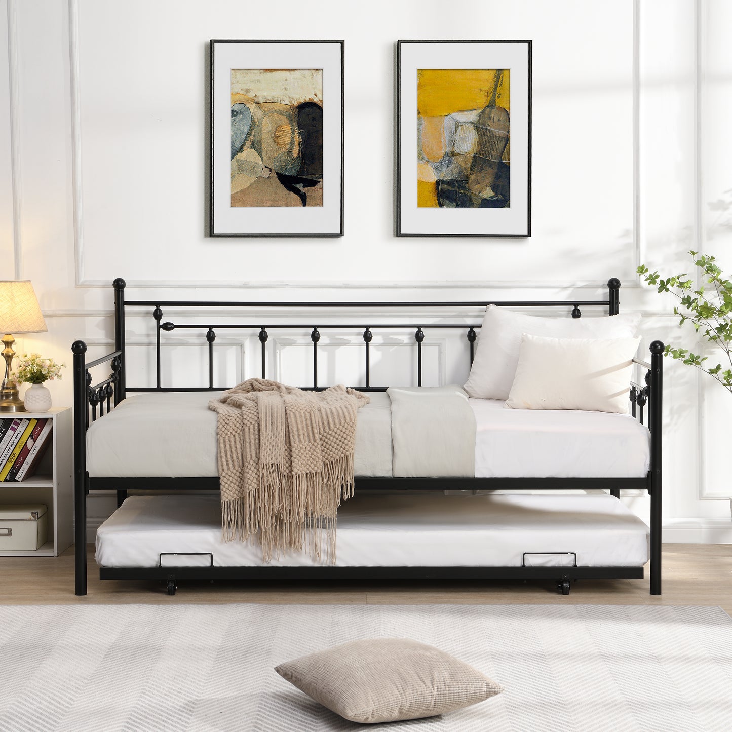 PAPROOS Twin Metal Daybed with Pop Up Trundle Bed