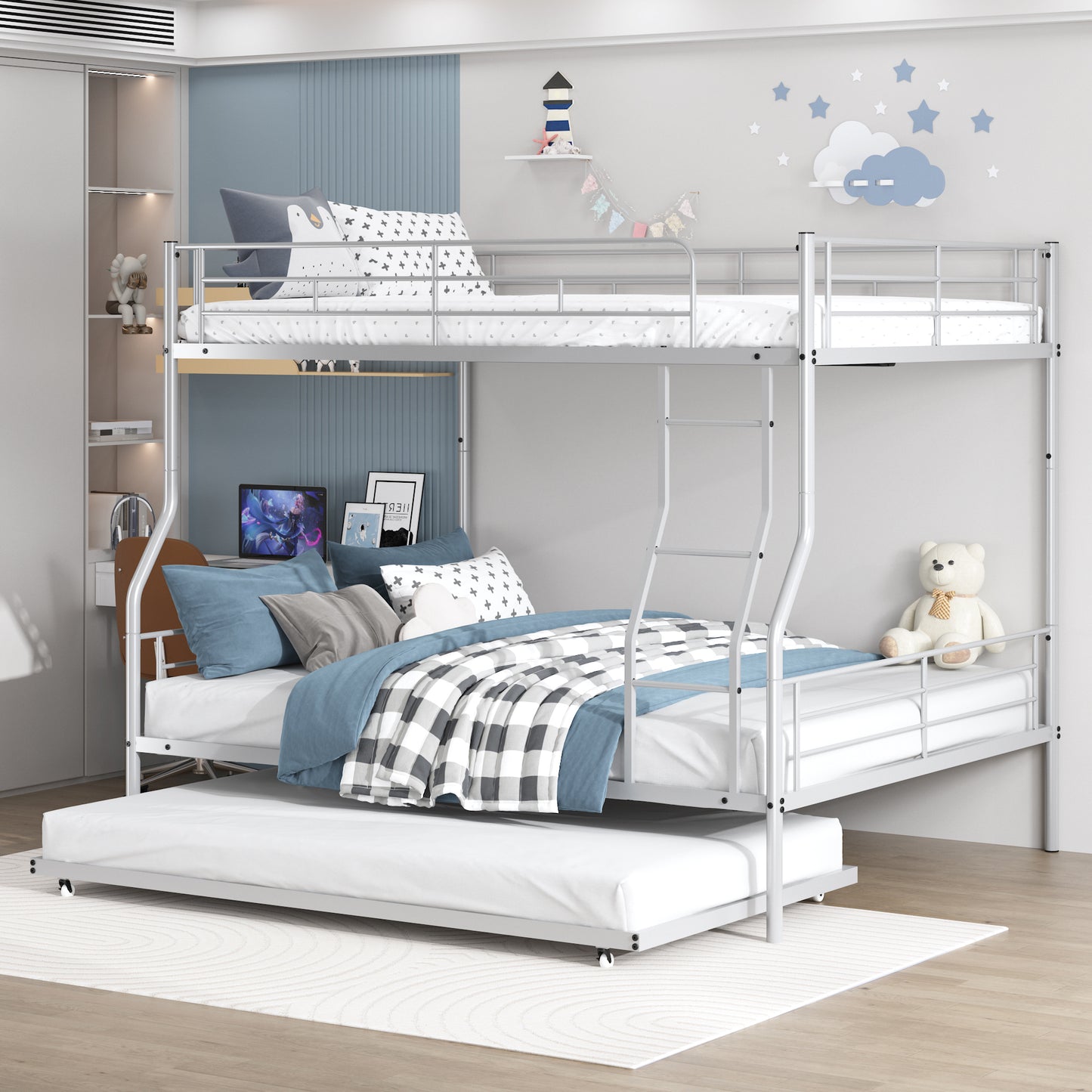Bunk Bed for Kids, Full XL Over Queen Size Metal Bunk Bed with Trundle, Heavy Duty Metal Bunk Beds with Full-Length Guardrail and Ladder, Can be Converted into 2 Beds, No Box Spring Need, Silver