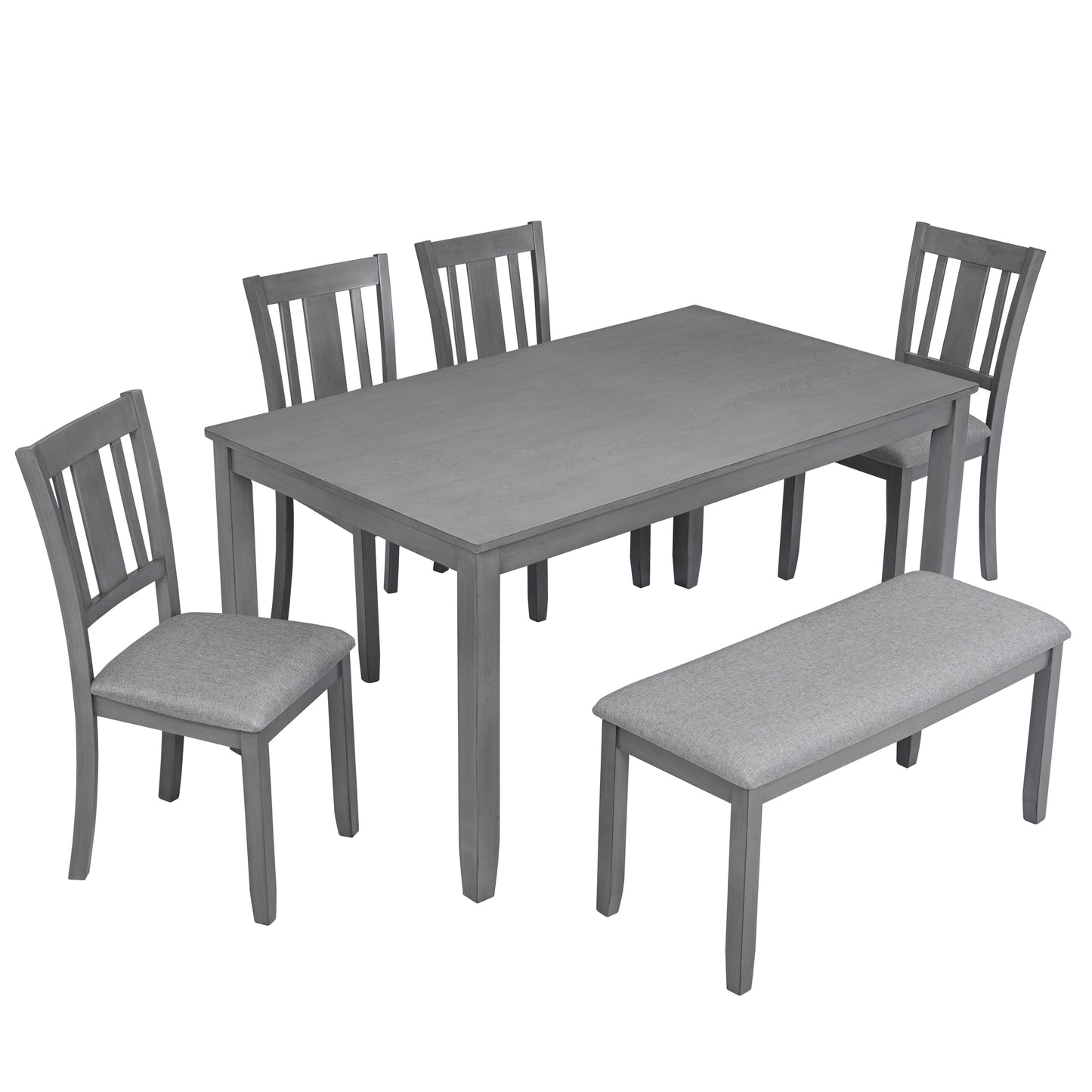 6 Pieces Dining Table Set, Farmhouse Wood Kitchen Table Set for 6 with Bench and 4 Cushioned Chairs, Farmhouse Rectangular Kitchen Dining Table and Chair Set for Dining Room, Gray