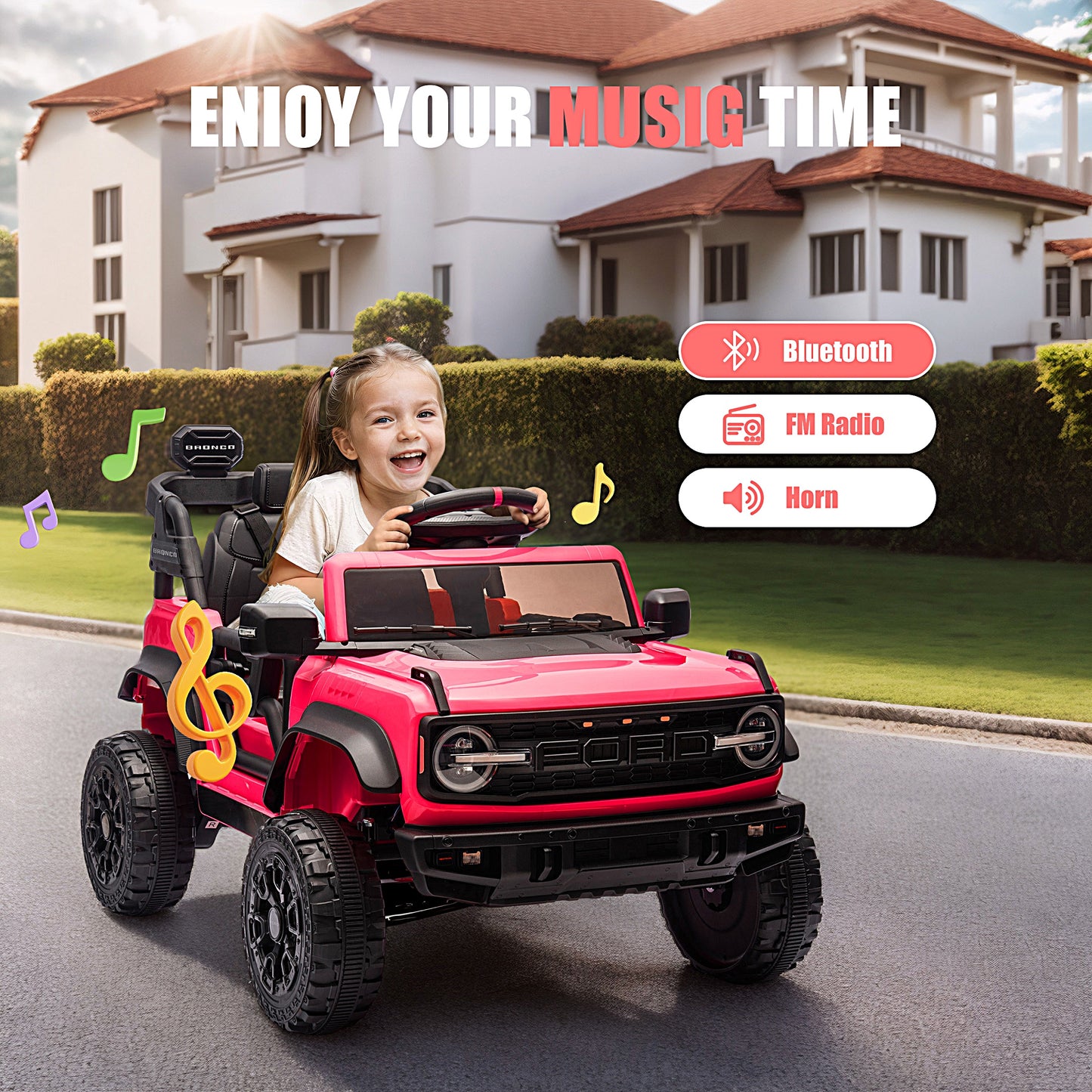 12V Powered Ride on Car, Ford Bronco Raptor Ride on Toys with Remote Control, Battery Powered Ride on Trucks with Bluetooth Music, LED Light, Kids Car Electric Vehicle for Boys Girls Gifts, Red