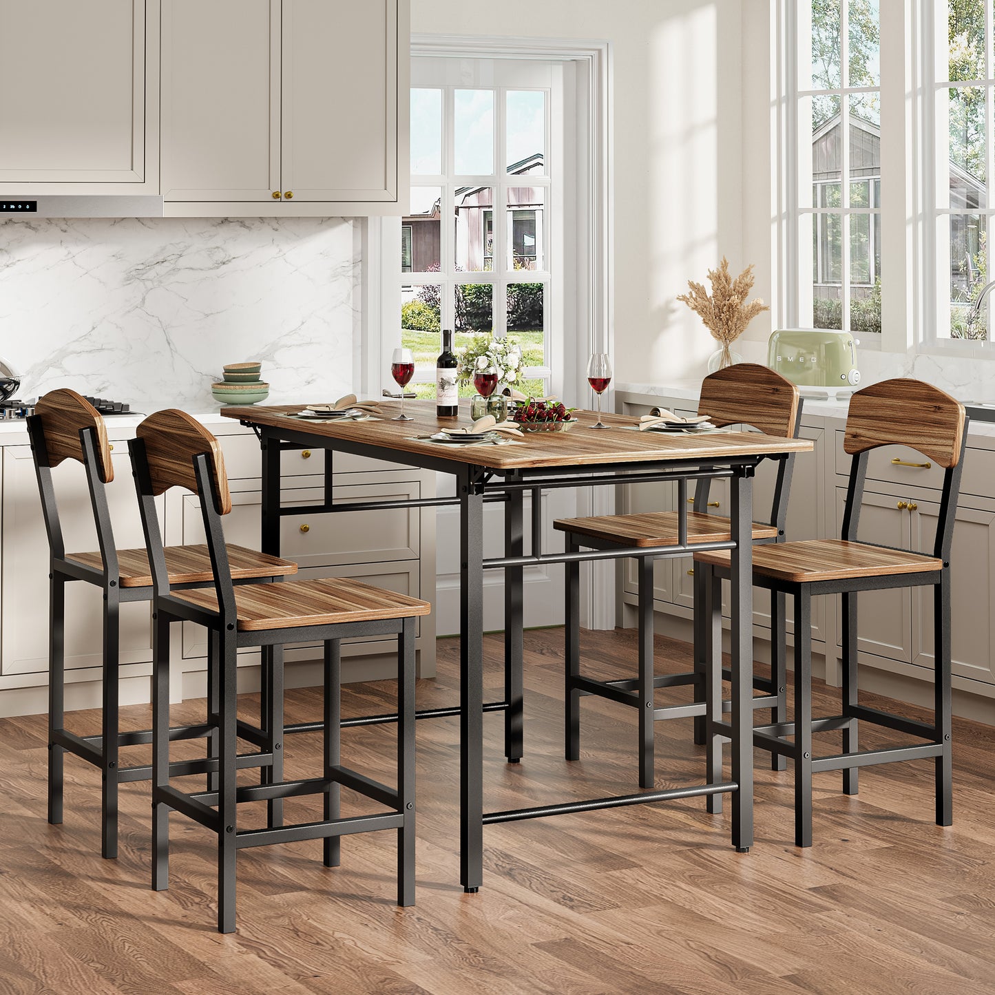 Dining Table Set for 4, Drop Leaf Pub Table and Dining Chair Set, Counter Height Table Set of 5, Kitchen Table Set with Stools for Kitchen Apartment Bistro, Beige