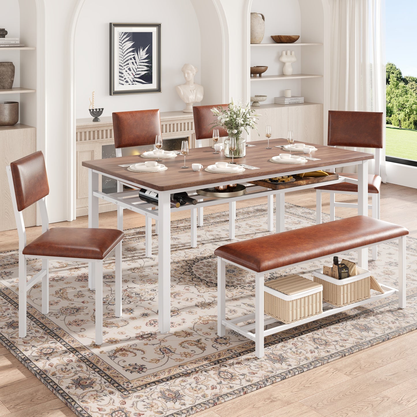 6 Piece Dining Set with Bench, Farmhouse Rectangular Dining Table Set for 6, Solid Wood Dining Room Set with Bench and Chair, Kitchen Furniture Kitchen Dining Set for Home Dinner, White
