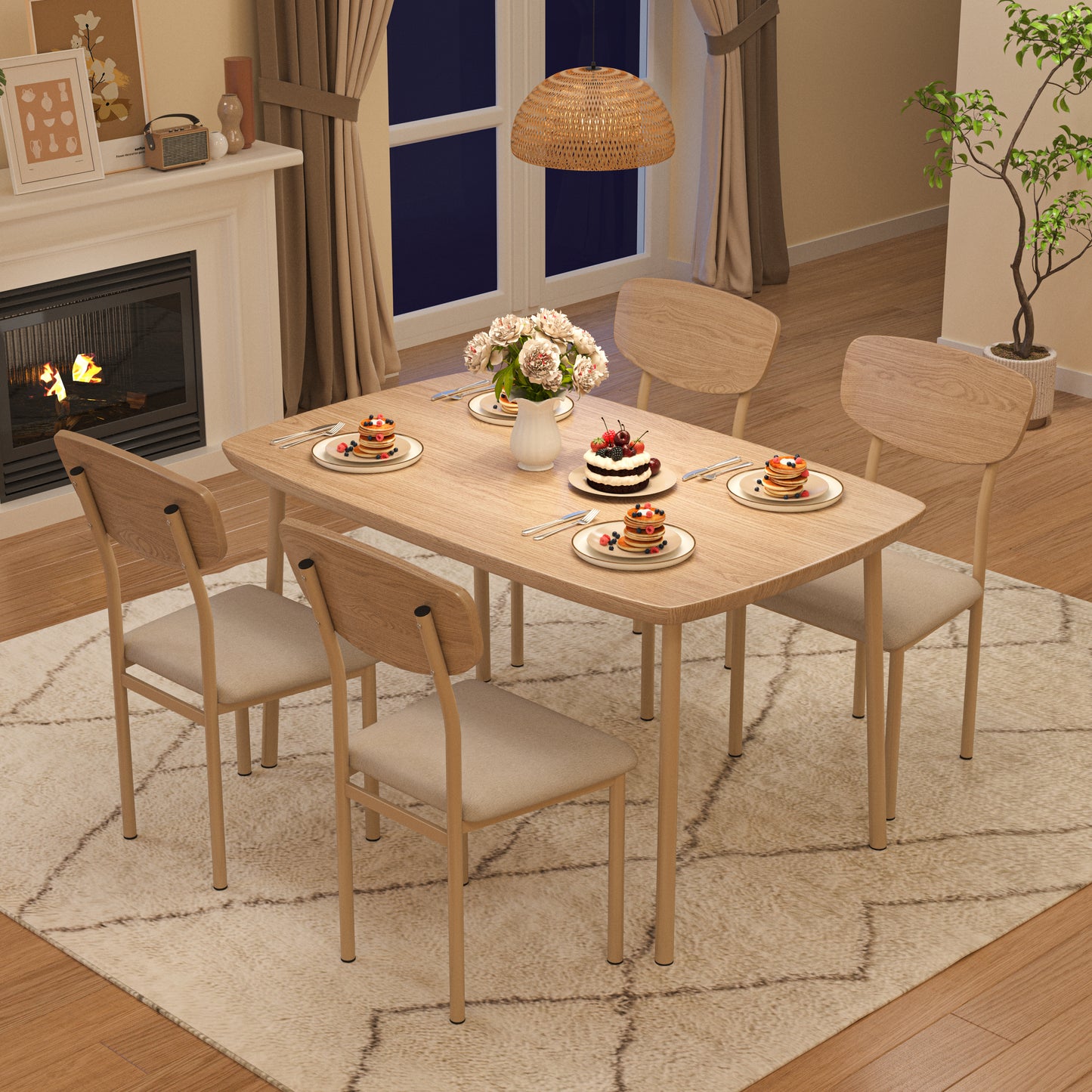 5 Piece Dining Table Set, Modern Dining Set for 4, Dining Room Set with 4 Chairs, Rectangle Kitchen Table Set with Wood Tabletop and PU Leather Chairs, for Dining Room, Kitchen and Apartment, Brown