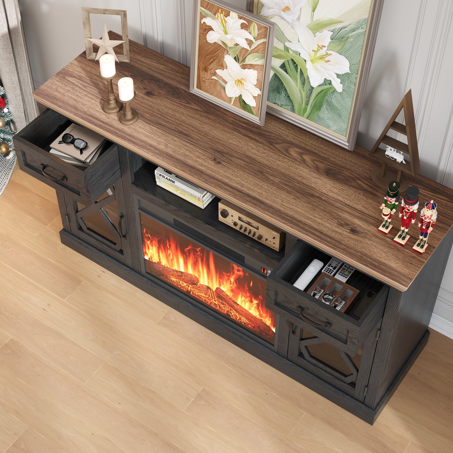 Fireplace TV Stand, LEGAHOME 70in TV Stand with 30in Fireplace for 80 inch TVs, Farmhouse Entertainment Center for Living Room, 500Sqt Heating Area, Black