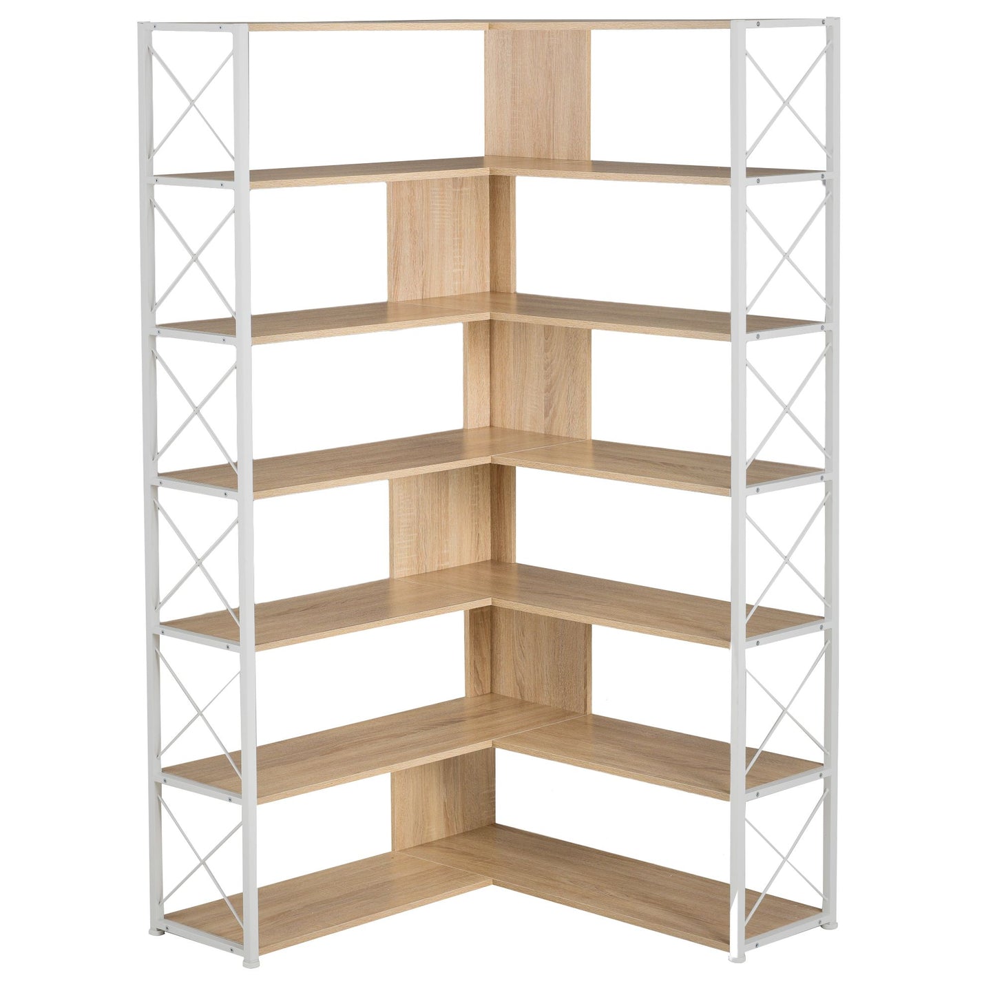 7 Tier Corner Bookshelf, Tall Bookcase with 14 Open Shelves, Freestanding L-shaped Display Bookshelf, Industrial Corner Shelf for Living Room, White Frame & Oak Shelf