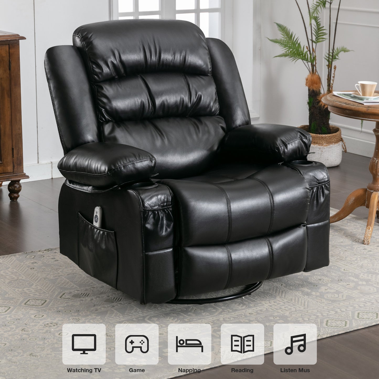 Manual Rocker Recliners, 360° Swivel Recliner Chair for Living Room, PU Leather Swivel Rocker Recliner with Massage and Heat, Home Theater Rocking Recliner with Cup Holder, Brown