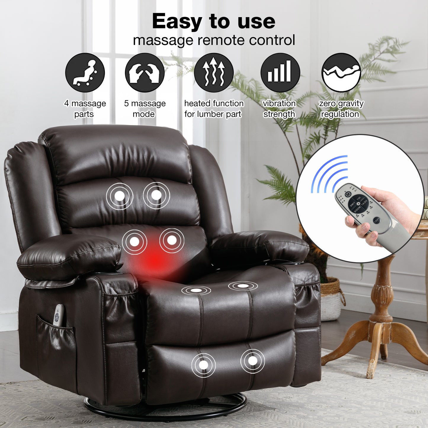 Manual Rocker Recliners, 360° Swivel Recliner Chair for Living Room, PU Leather Swivel Rocker Recliner with Massage and Heat, Home Theater Rocking Recliner with Cup Holder, Brown