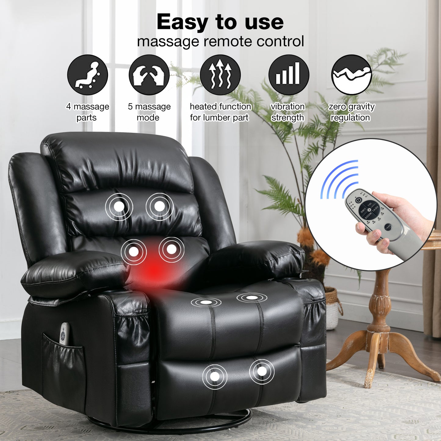 Manual Rocker Recliners, 360° Swivel Recliner Chair for Living Room, PU Leather Swivel Rocker Recliner with Massage and Heat, Home Theater Rocking Recliner with Cup Holder, Brown