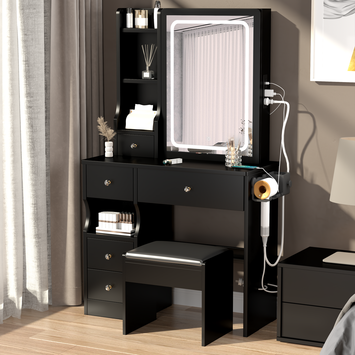 PORKISS Vanity Set with Sliding Mirror for Girls, Vanity Desk with Cushioned Stool and 4 Storage Drawers, Multi-Layer Shelves, Dressing Table for Small Bedroom, White