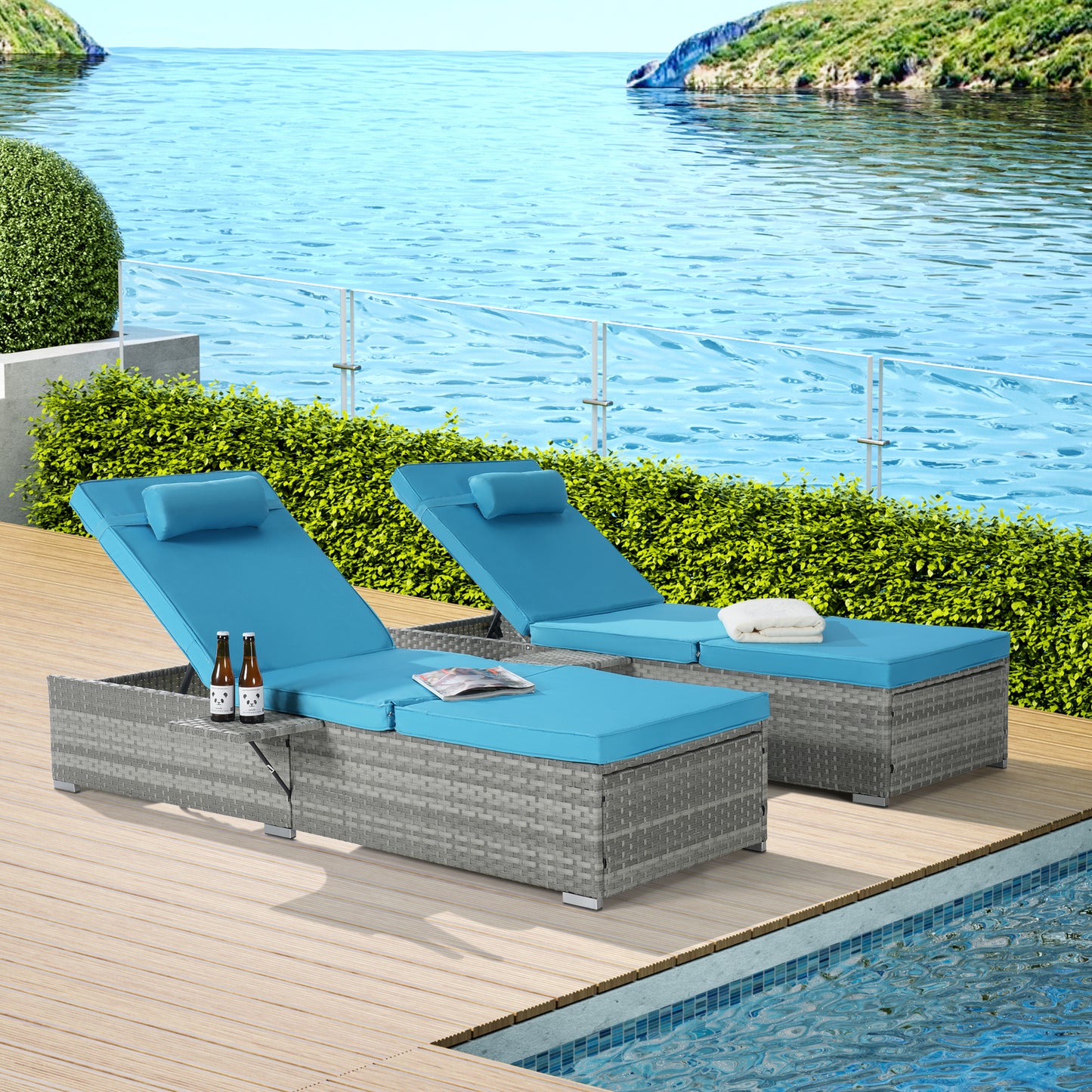 Outdoor Chaise Lounge Chair Set, 2pcs Rattan Outdoor Lounge Chairs for Outside with Folding Tray, Outdoor Lounger Recliner with Cushions for Patio, Poolside, Garden