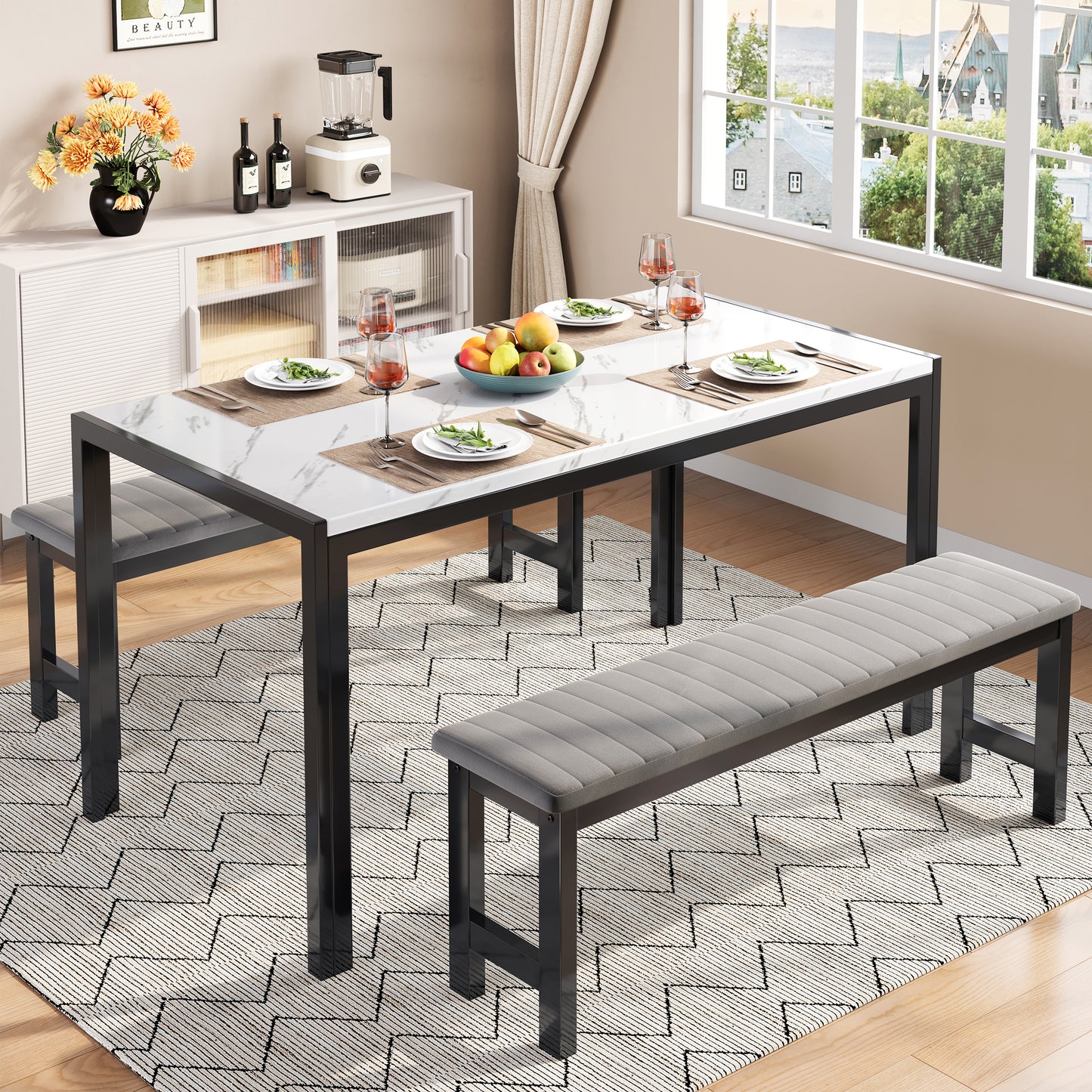 Dining Table Set for 4, 3-piece Dining Room Table Set with Bench, Breakfast Nook Table Set for Small Space, Modern Kitchen Dining Furniture, White Kitchen Table and 2 Black Velvet Benches