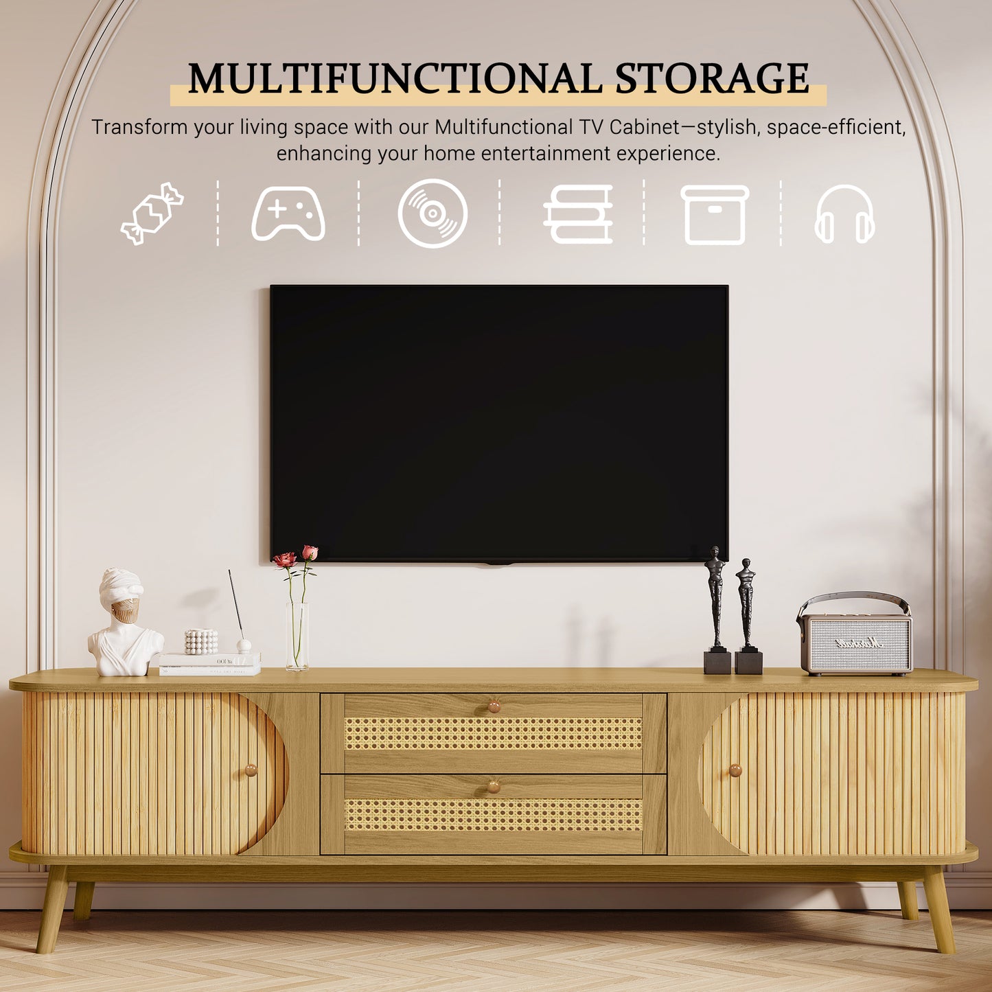 PORKISS TV Stand for 75 Inch TV, Farmhouse TV Console with Storage Drawers and Sliding Door, Entertainment Center Television Stands for Living Room, Natural Wood