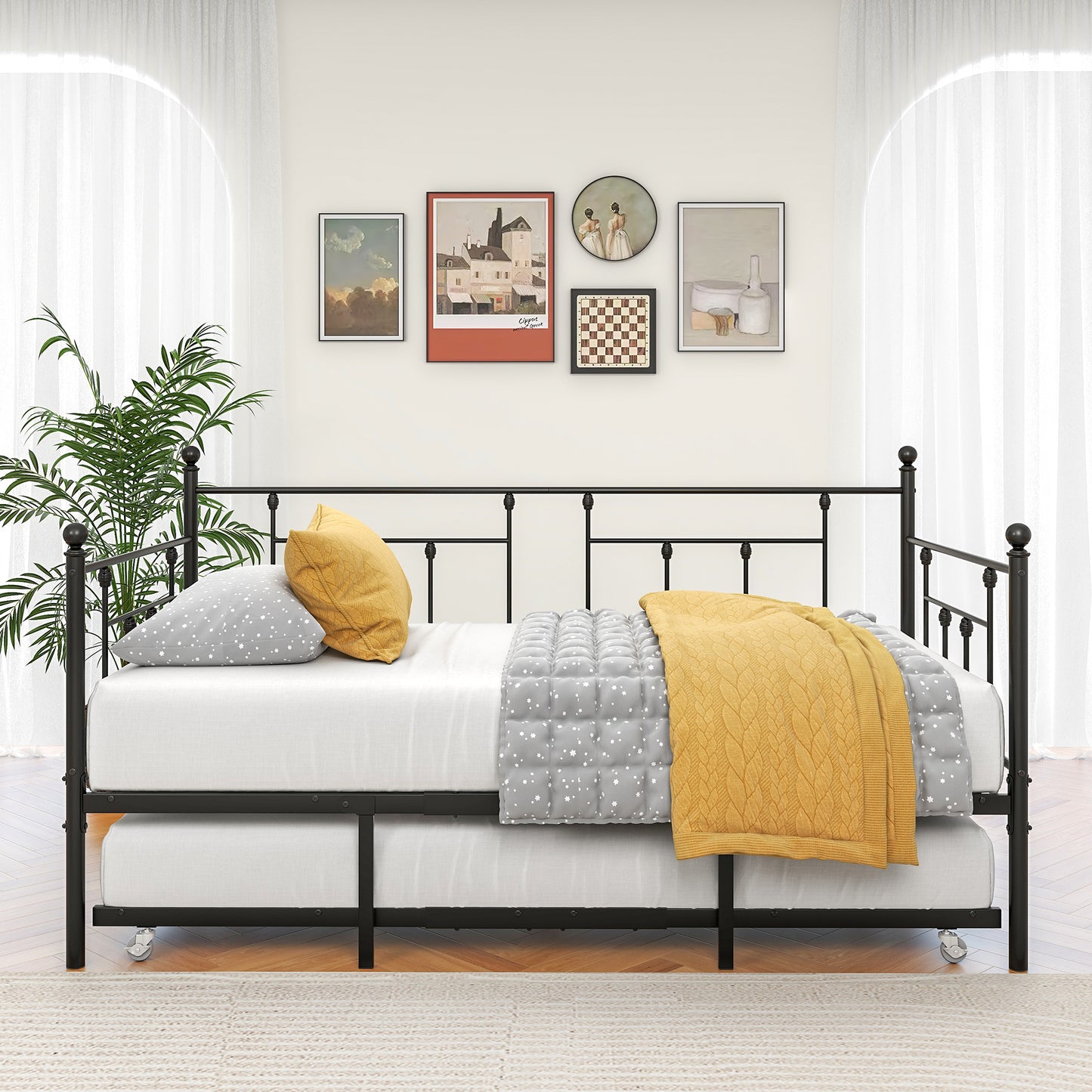 PAPROOS Twin Metal Daybed with Pop Up Trundle Bed