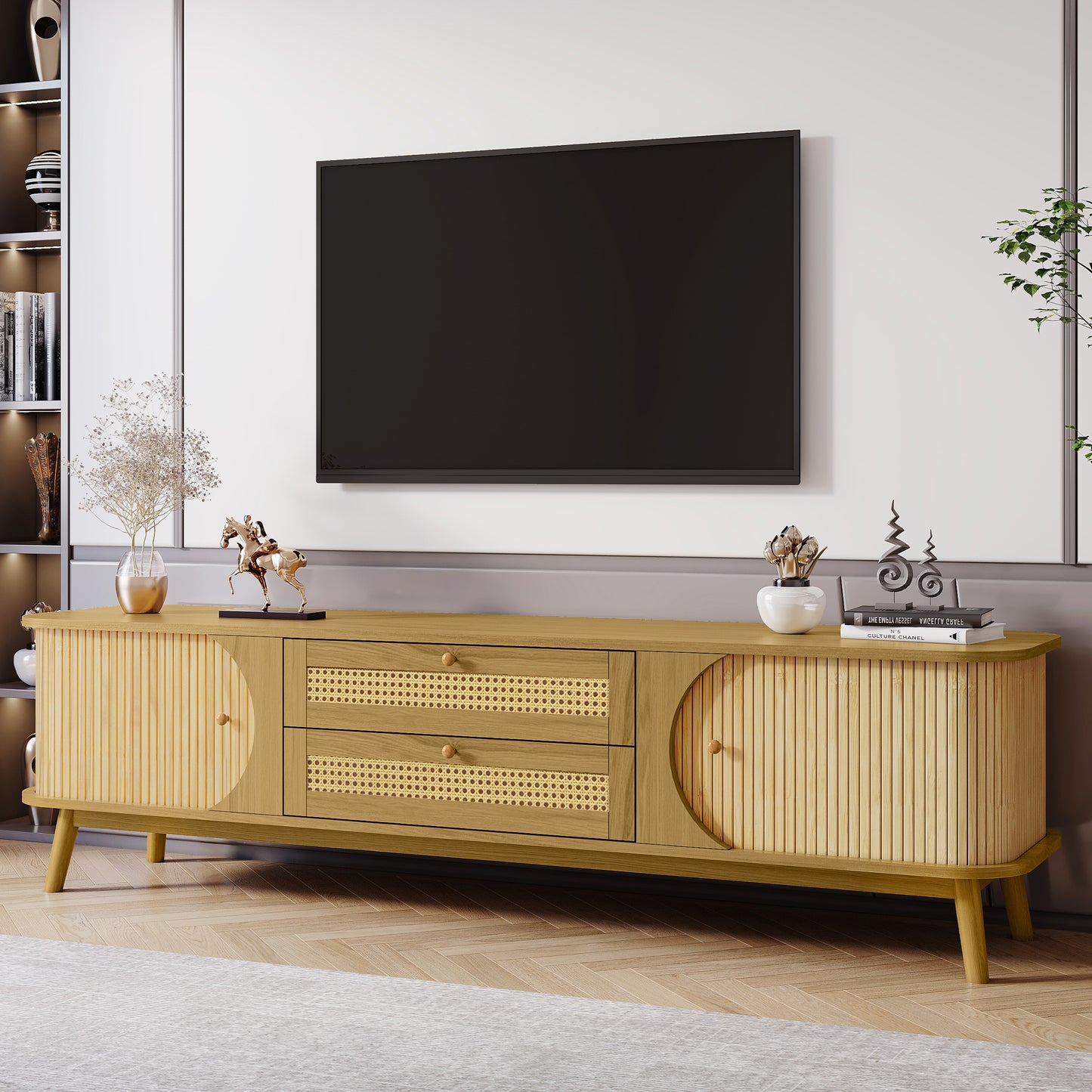 PORKISS TV Stand for 75 Inch TV, Farmhouse TV Console with Storage Drawers and Sliding Door, Entertainment Center Television Stands for Living Room, Natural Wood