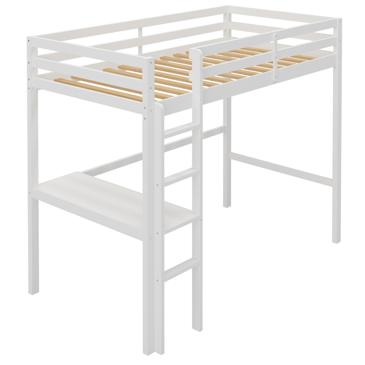 Kids Solid Wood Twin Size Loft Bed with Desk and Ladder White
