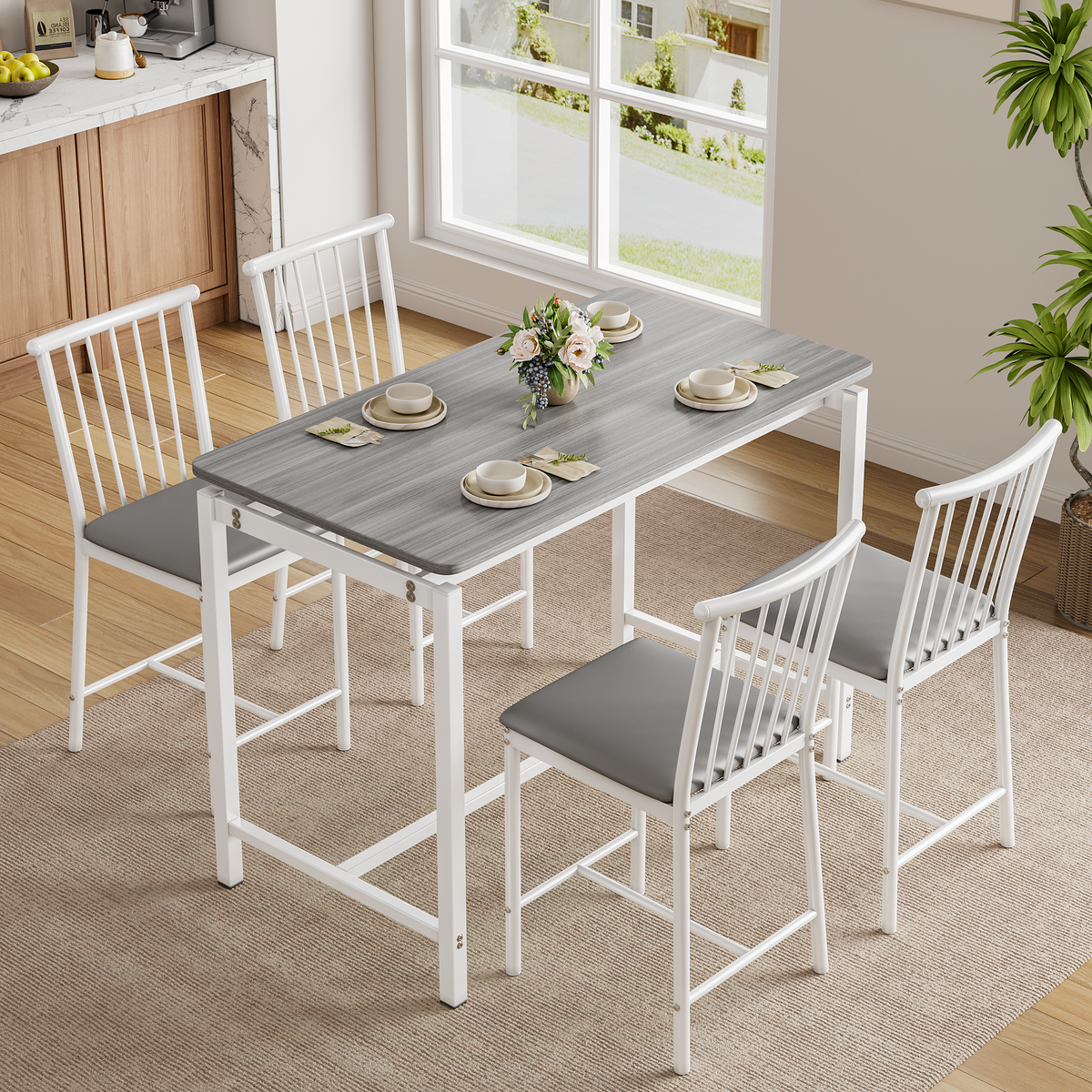 Dining Room Table Set for 4, LEGAHOME 5 Piece Bar Height Dining Table Set with 4 Stools, Pub Table and Chairs Set for Kitchen Dining Room, Gray Tabletop & White Frame