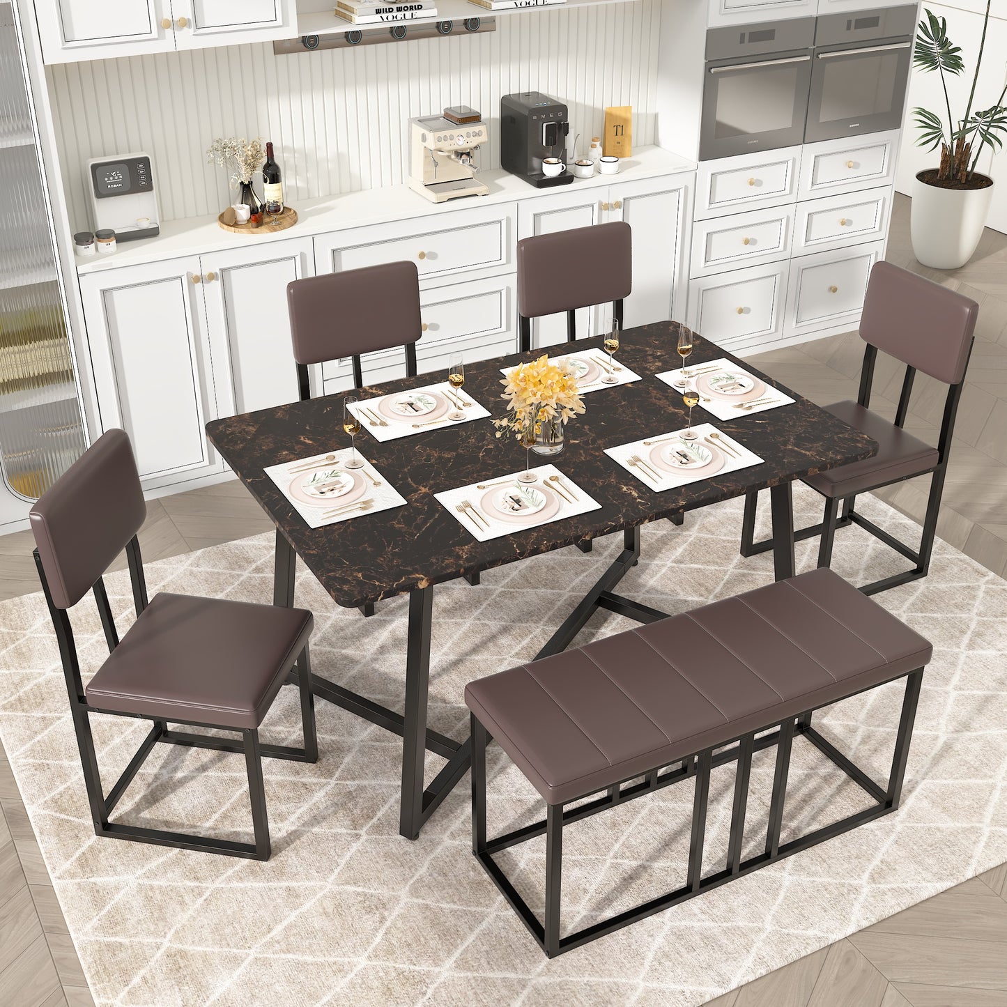 6 Piece Dining Room Table Set, Modern Dinning Table and Chairs 4to6Set, Dining Table Set for 6 with Bench, Small Kitchen Table Sets with Chairs for 6, Faux Marble Table and Leather Chairs Set, Brown
