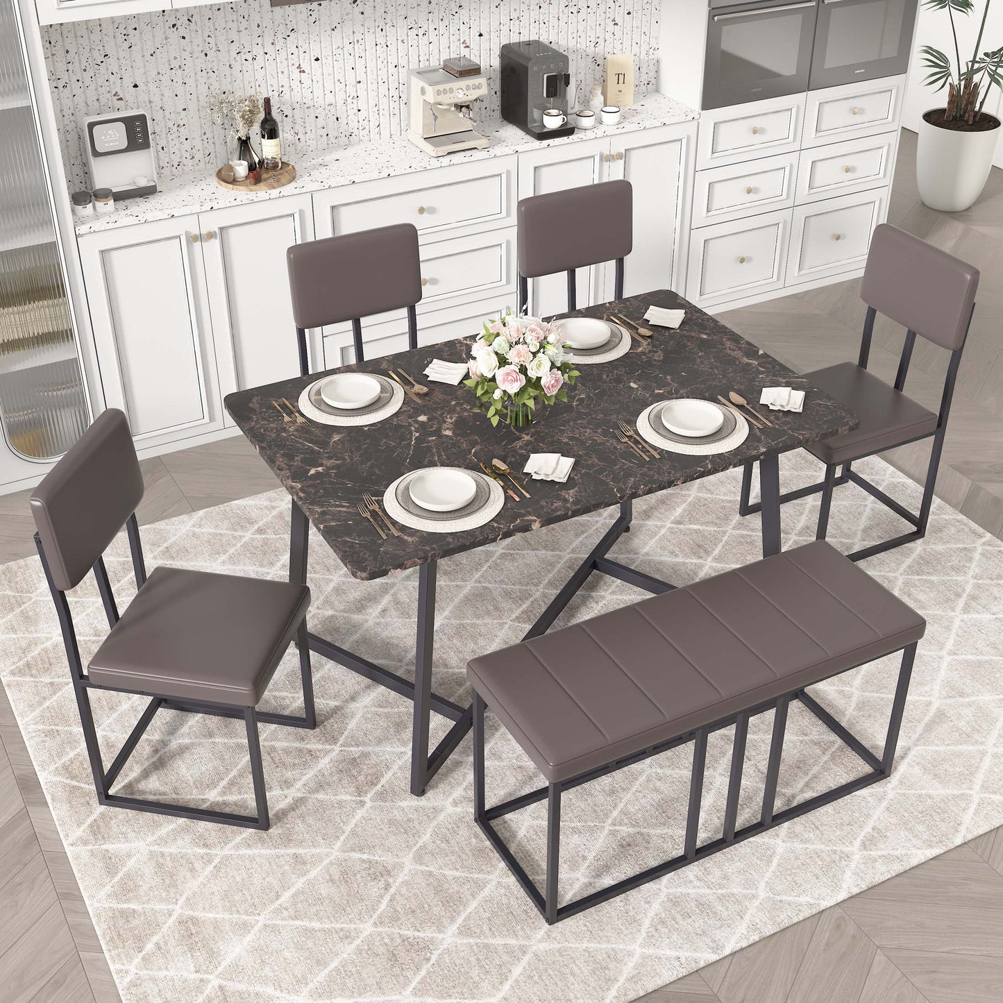 Dining Table Set for 6, 6 Piece Dining Set with Bench, Kitchen Dining Set with Upholstered Chairs and Bench, Dining Set with Storage Rack for Dining Room, Kitchen and Apartment, Brown