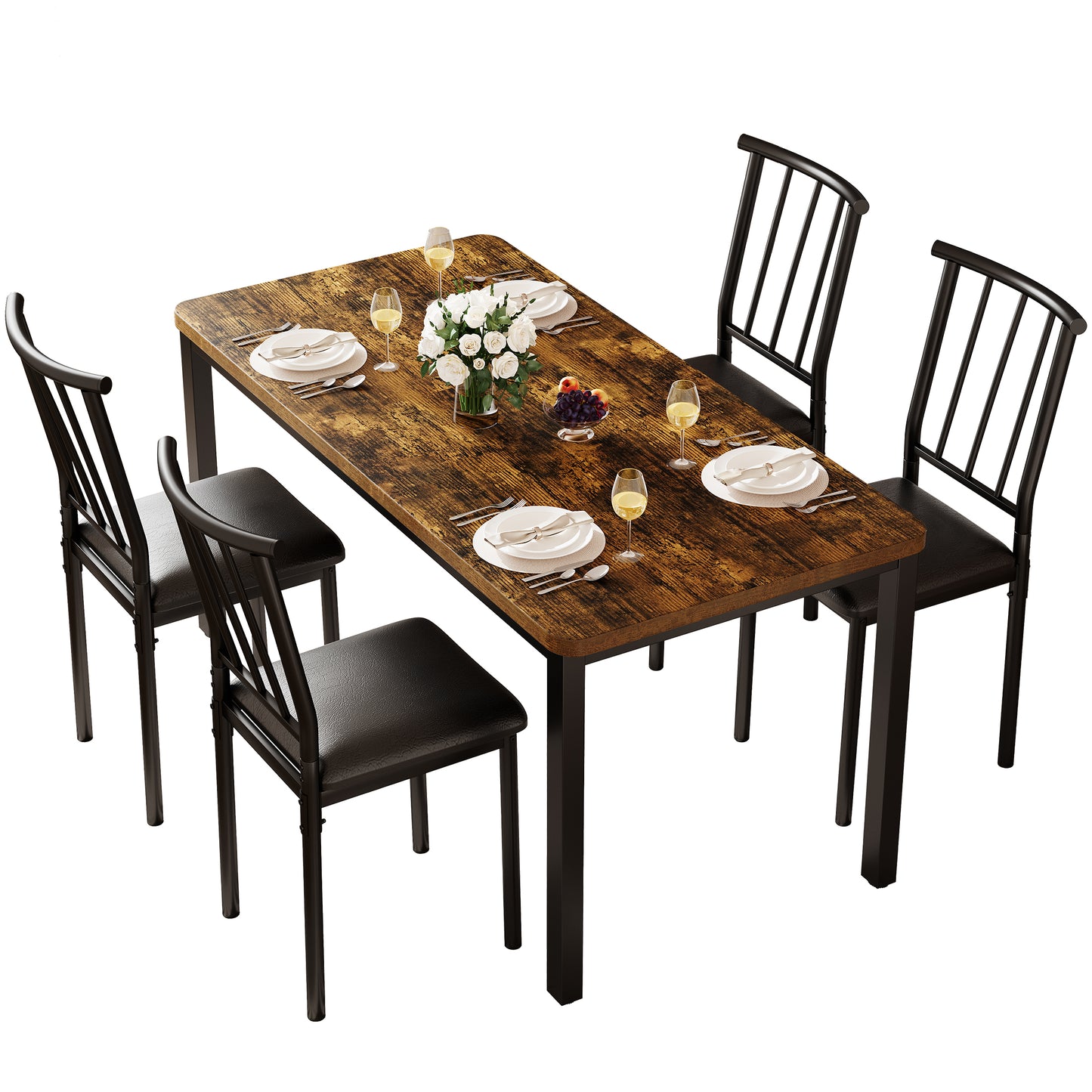 5 Piece Dining Table Set, Modern Dining Set for 4, Dining Room Set with 4 Chairs, Rectangle Kitchen Table Set with Wood Tabletop and PU Leather Chairs, for Dining Room, Kitchen and Apartment, Brown