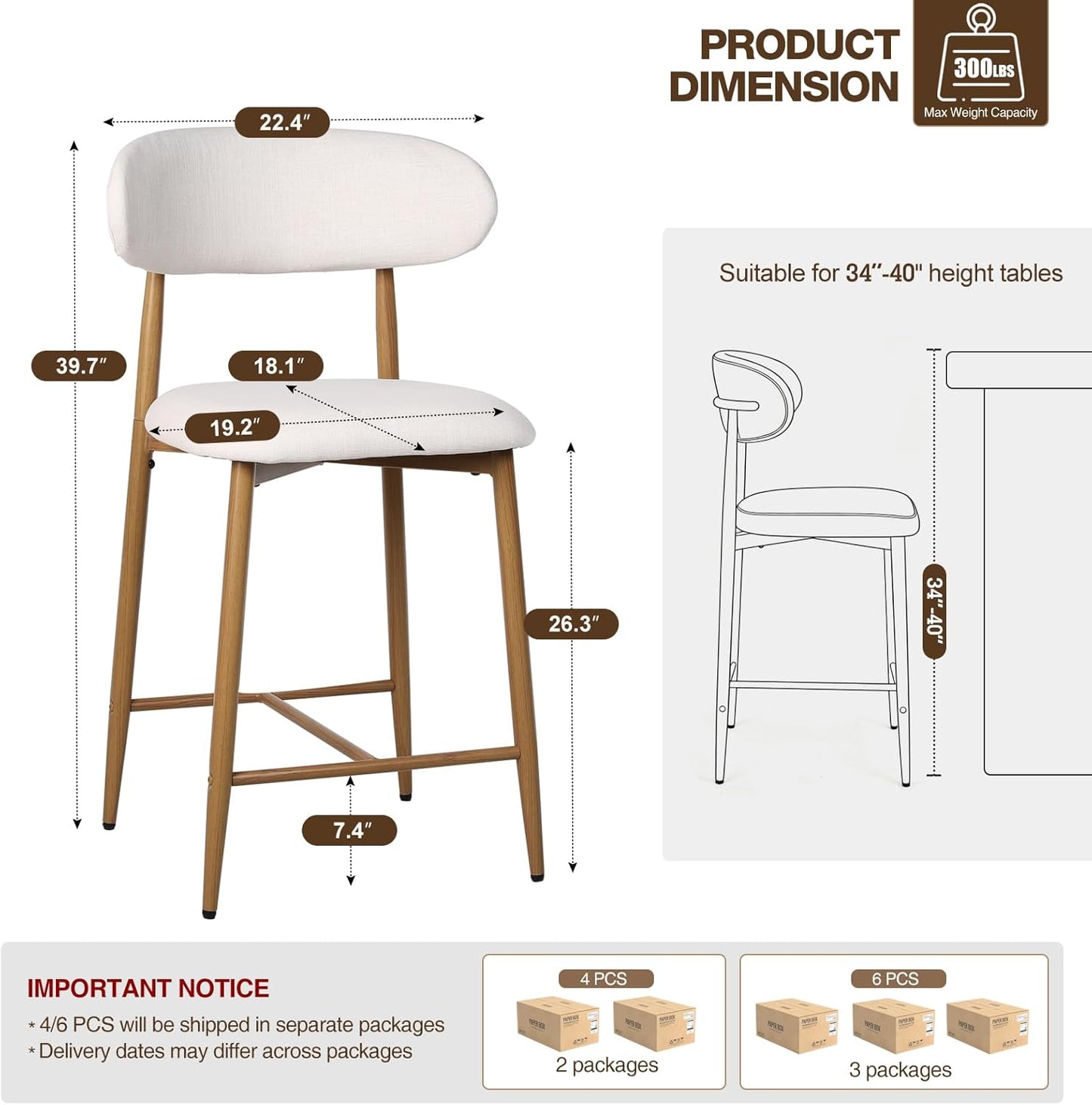 Bar Stool Set of 2, Legahome 26" Counter Height Bar Stool, Modern Farmhouse Upholstered Bar Stool with Curved Back & Wood-Grain Metal Legs for Kitchen Island Dining Room