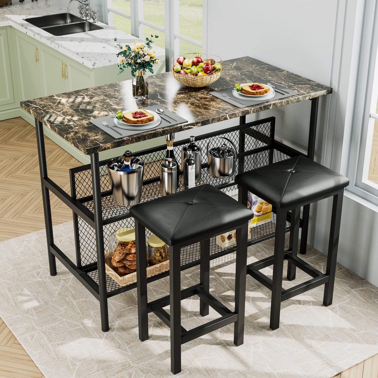 Kitchen Island With Seating, Faux Marble Counter Height Dining Set for 2, 3 Piece Dining Pub Set with Storage, Small Bar Dining Table Sets for Breakfast Nook with Upholstered Chairs, Brown